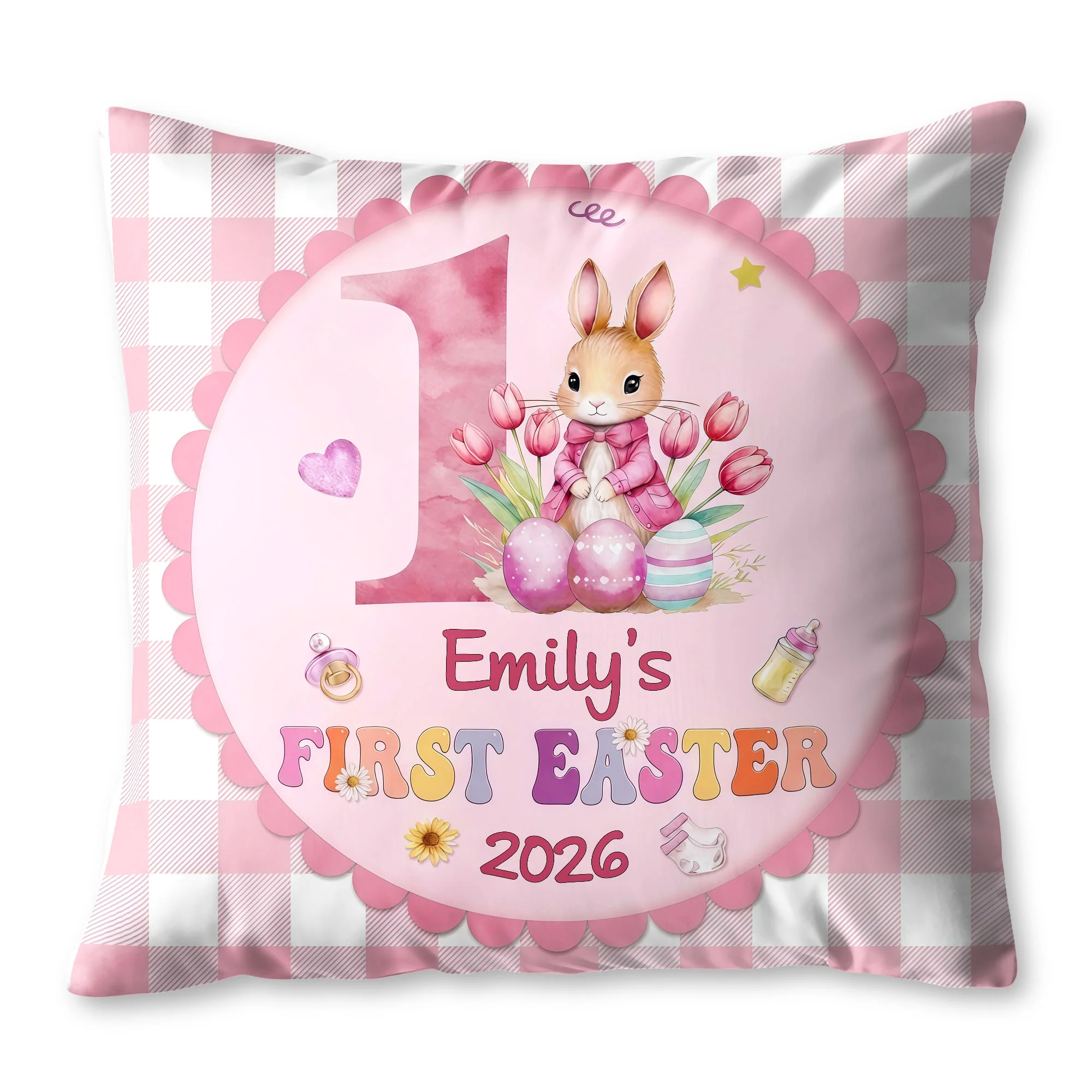 First Easter Bunny With Pink Tulips And Colorful Easter Eggs - Personalized Custom Pillow, Insert Included - KID541_PLW - Image 9
