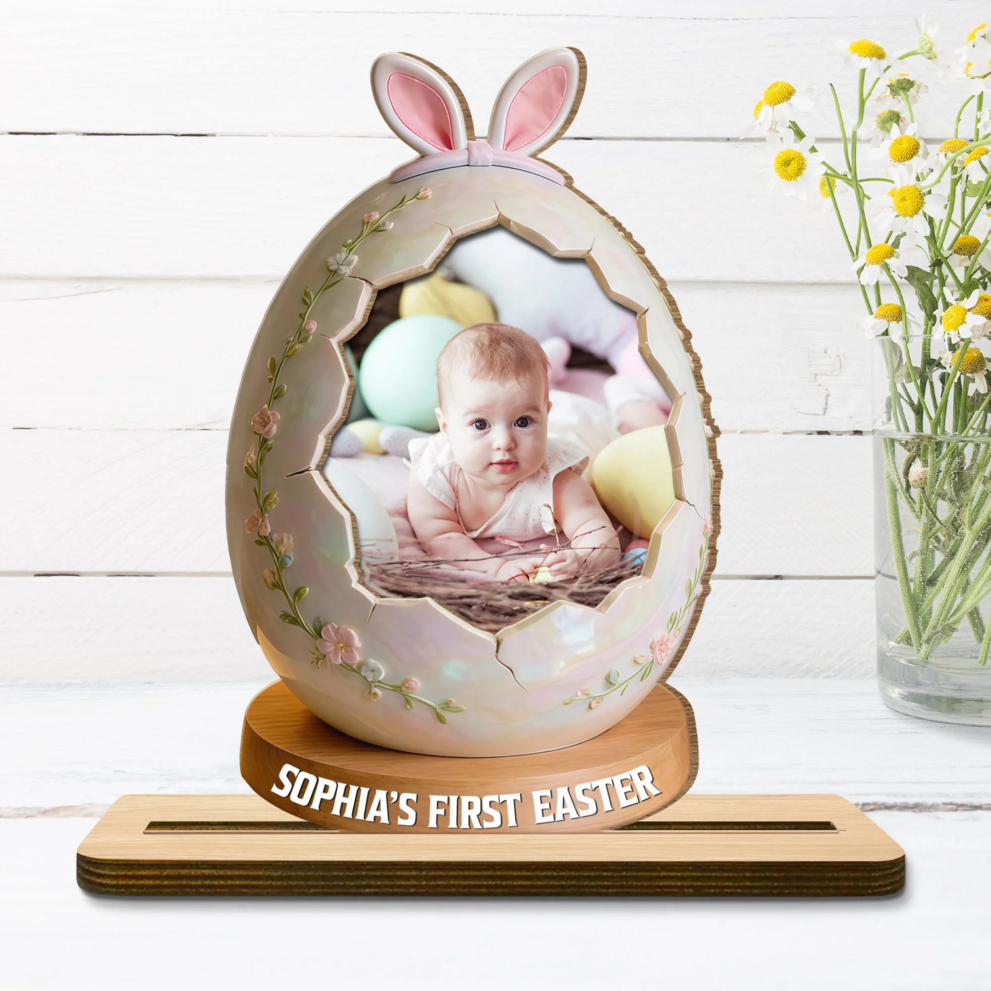 First Easter Personalized Photo Egg With Bunny Ears And Flowers - Personalized Custom 2-Layer Wood Plaque With Flat Base - KID583_WPLA - Image 2