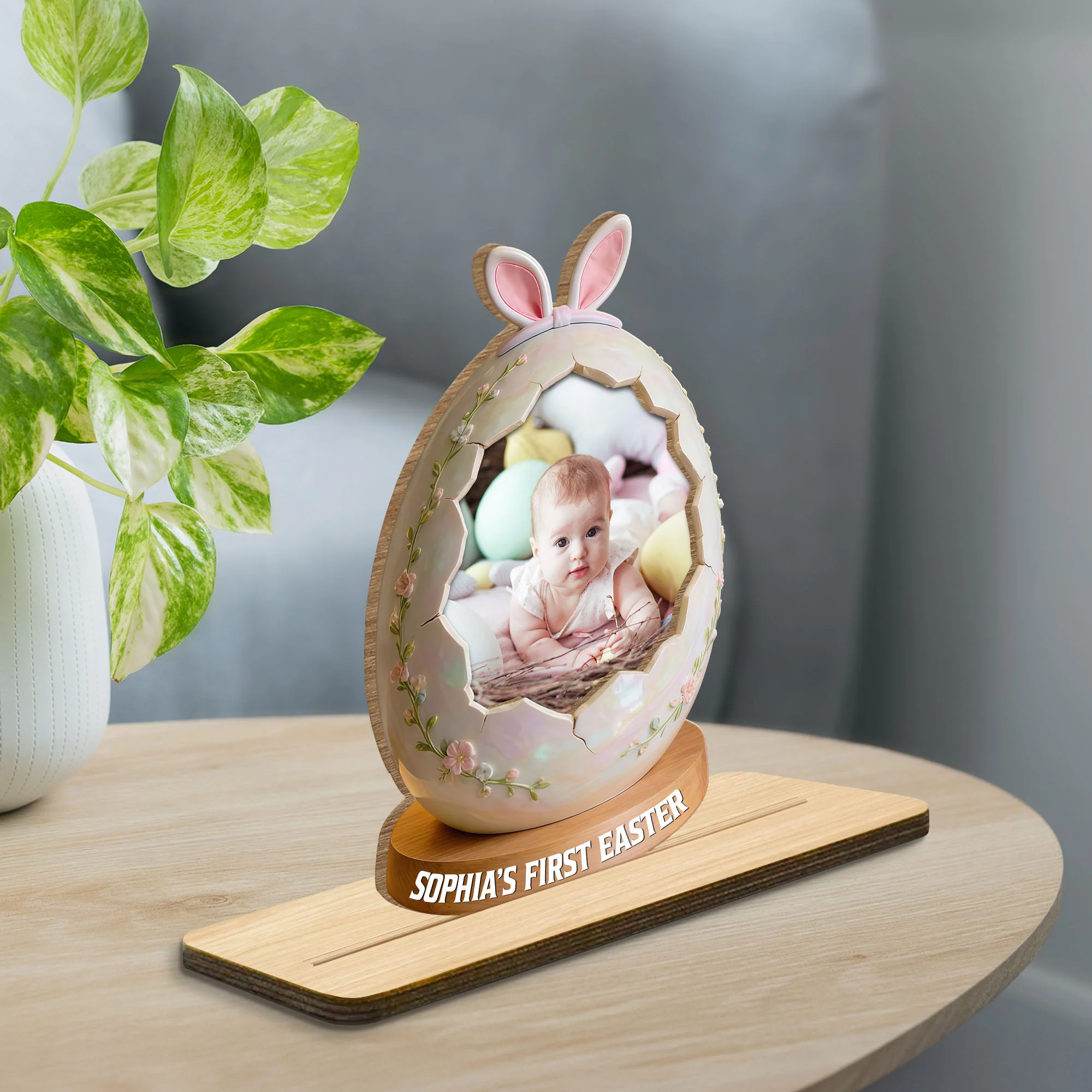 First Easter Personalized Photo Egg With Bunny Ears And Flowers - Personalized Custom 2-Layer Wood Plaque With Flat Base - KID583_WPLA - Image 3