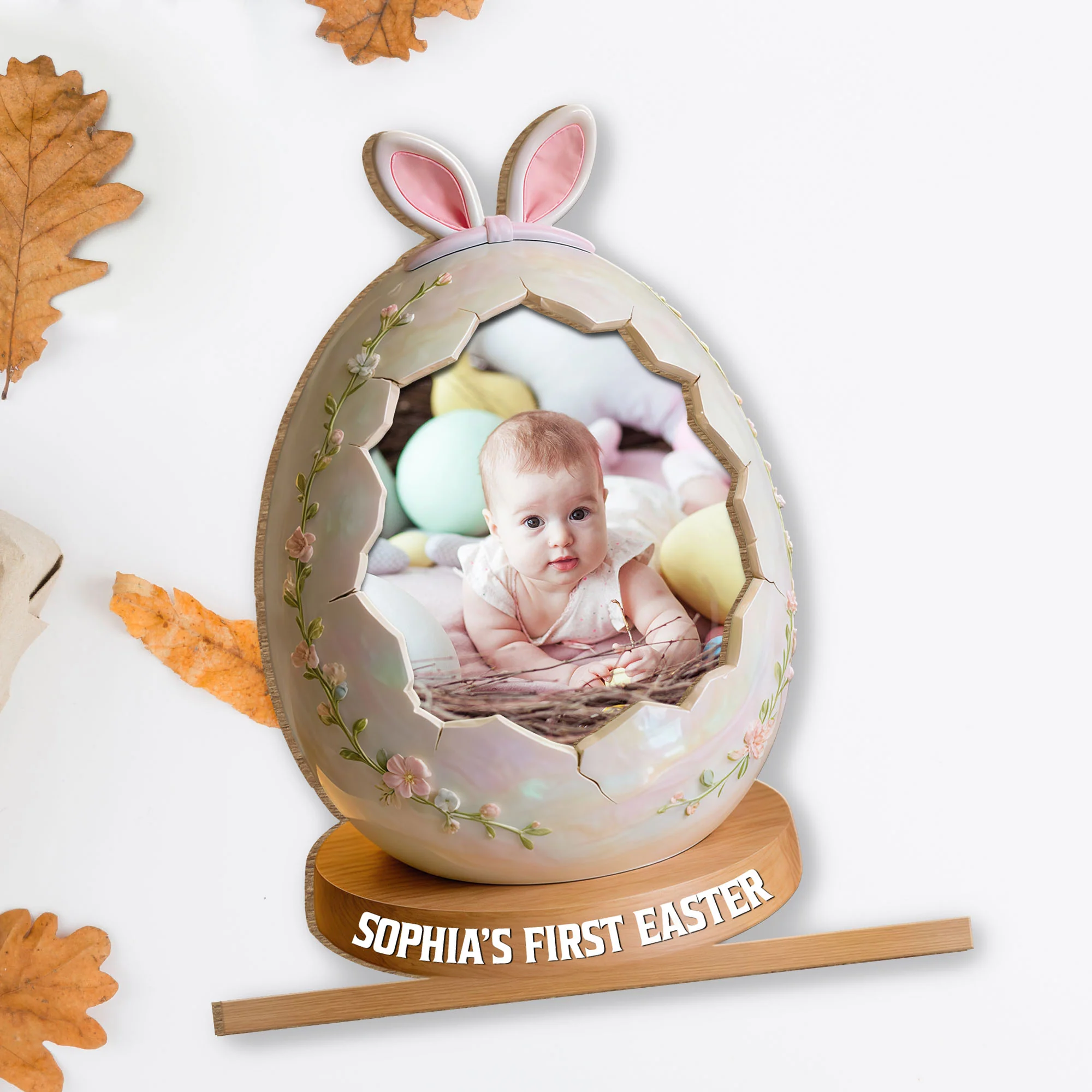 First Easter Personalized Photo Egg With Bunny Ears And Flowers - Personalized Custom 2-Layer Wood Plaque With Flat Base - KID583_WPLA - Image 4