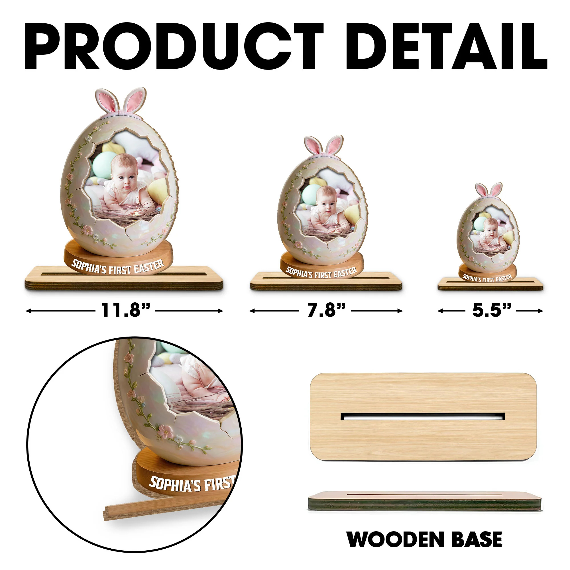 First Easter Personalized Photo Egg With Bunny Ears And Flowers - Personalized Custom 2-Layer Wood Plaque With Flat Base - KID583_WPLA - Image 5