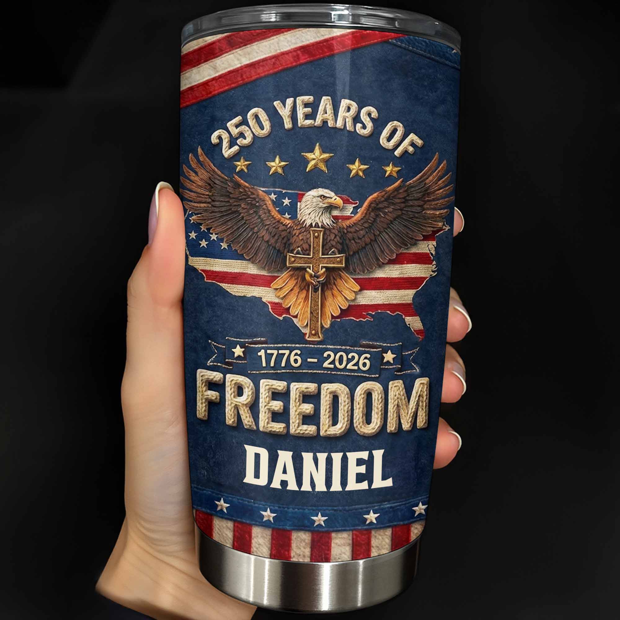 Freedom Bald Eagle Holding Cross With American Flag Map - Personalized Custom Stainless Steel Tumbler 20oz 30oz - INDE051_TB