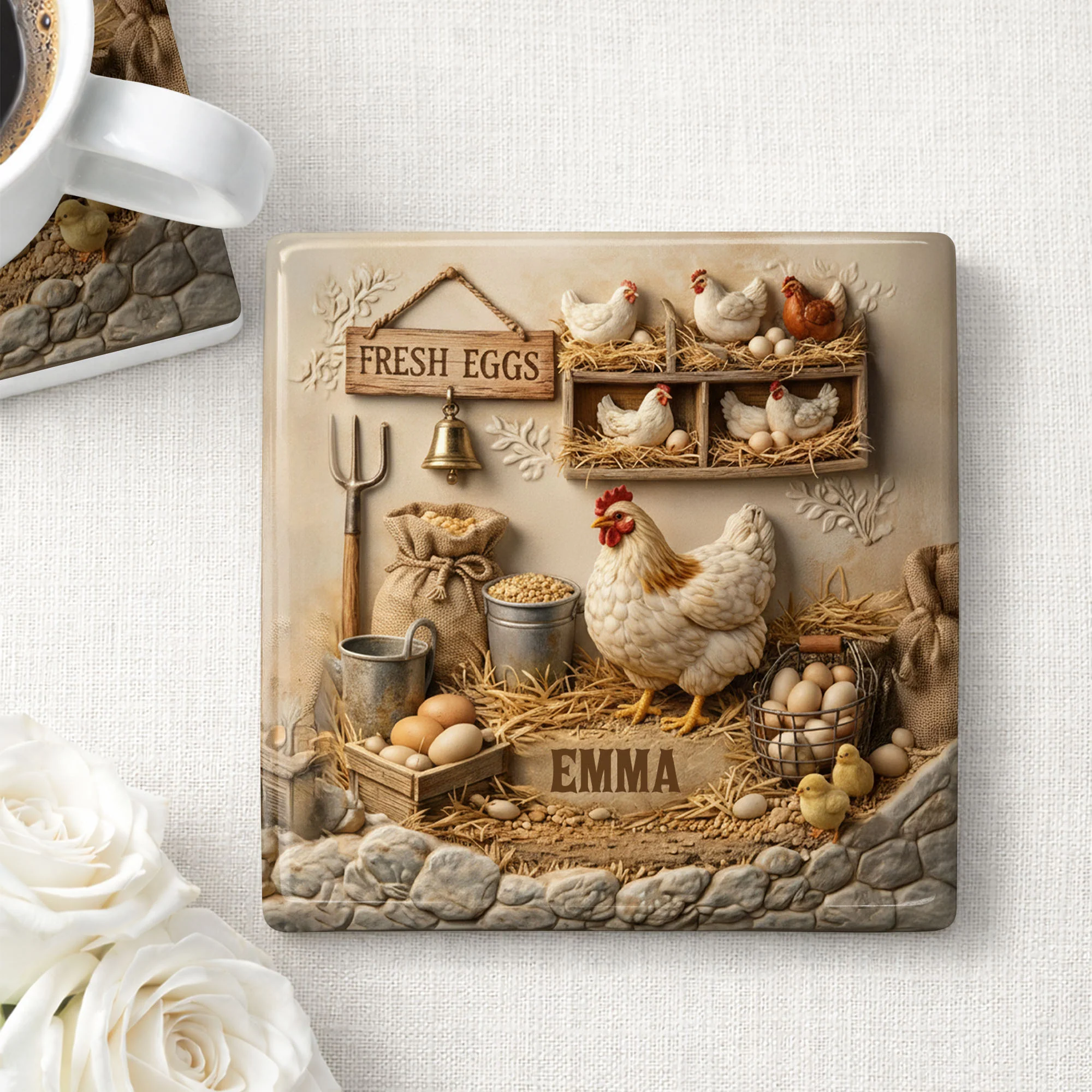 Fresh Eggs Rustic Farmhouse Scene With Hen And Nesting Chickens - Personalized Custom Ceramic Coaster, Square Shape - FARM020_SOCO