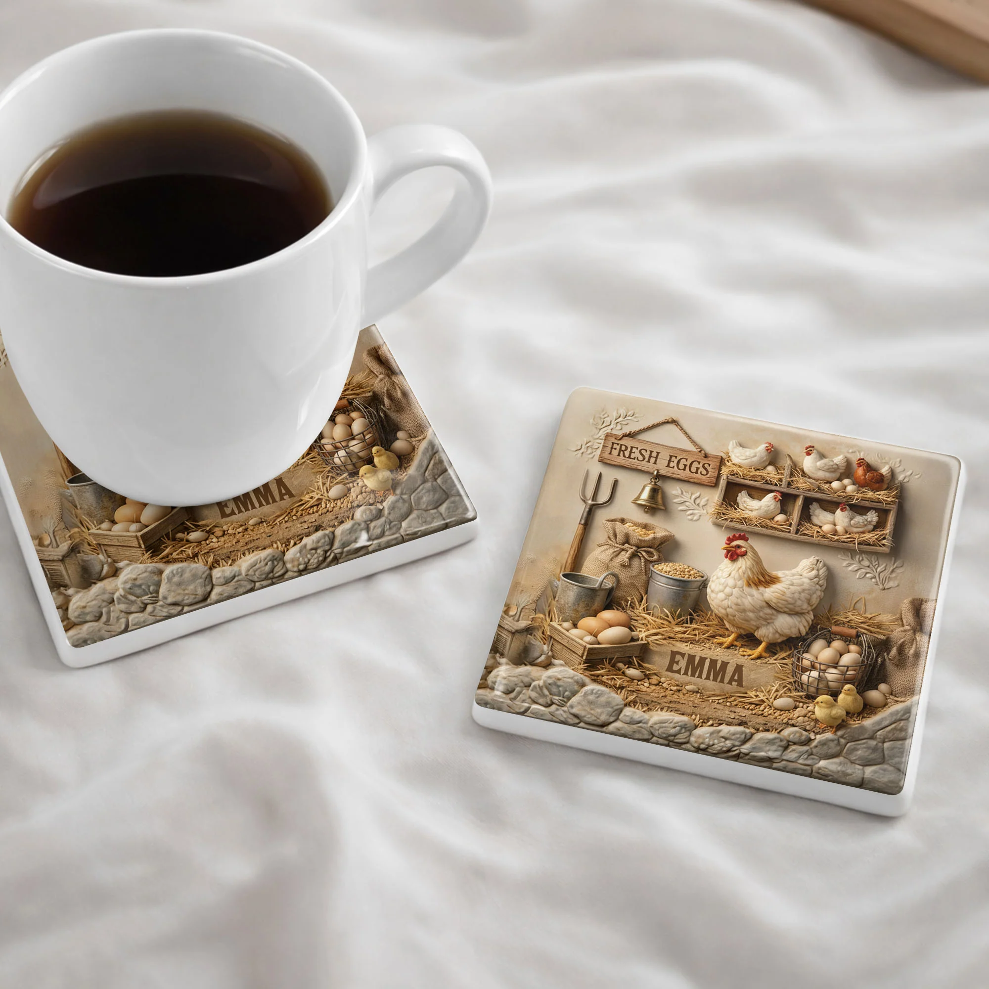 Fresh Eggs Rustic Farmhouse Scene With Hen And Nesting Chickens - Personalized Custom Ceramic Coaster, Square Shape - FARM020_SOCO - Image 10