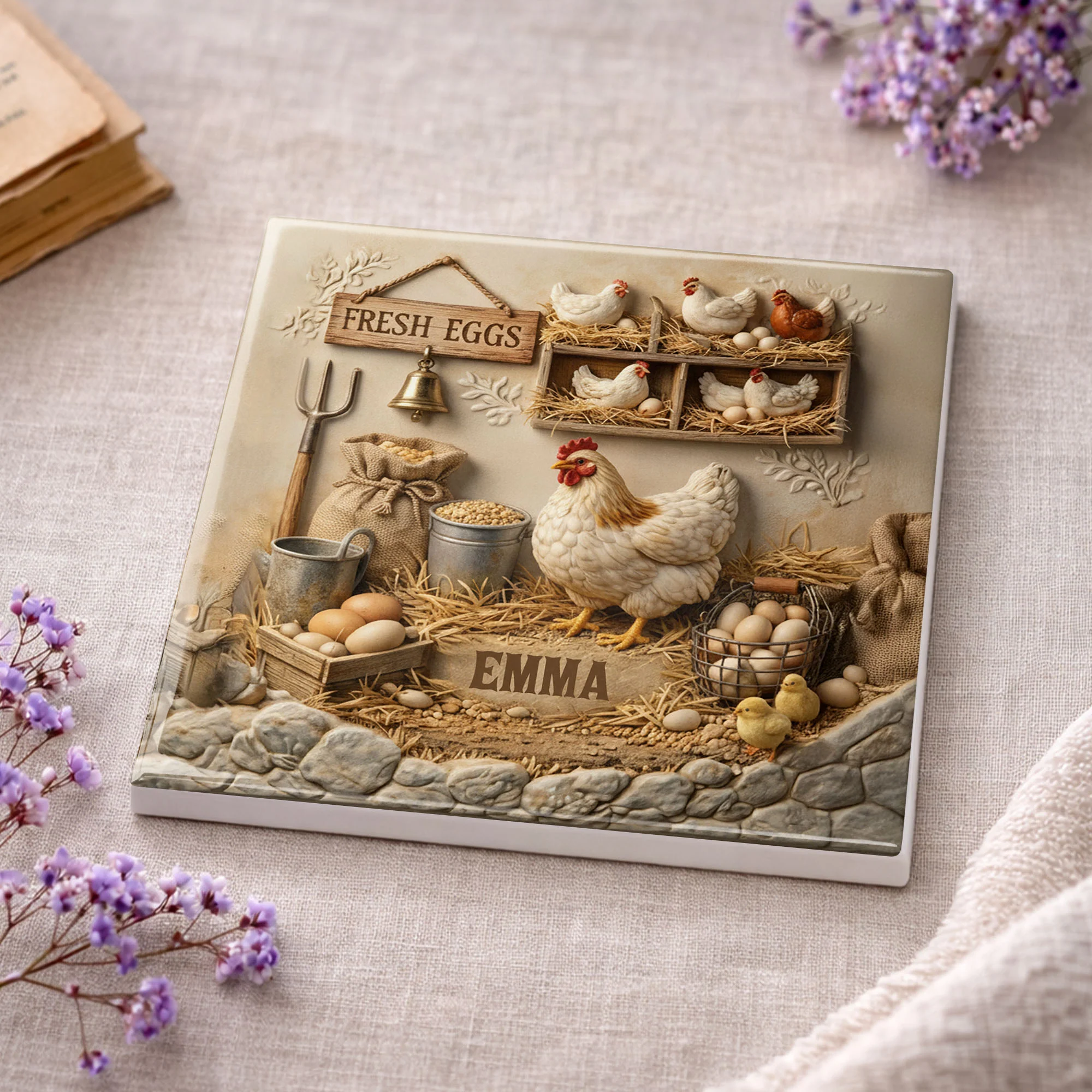Fresh Eggs Rustic Farmhouse Scene With Hen And Nesting Chickens - Personalized Custom Ceramic Coaster, Square Shape - FARM020_SOCO - Image 11