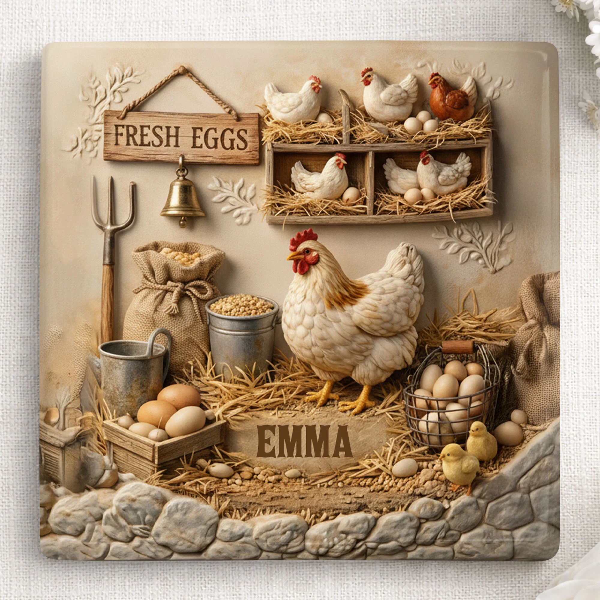 Fresh Eggs Rustic Farmhouse Scene With Hen And Nesting Chickens - Personalized Custom Ceramic Coaster, Square Shape - FARM020_SOCO - Image 13