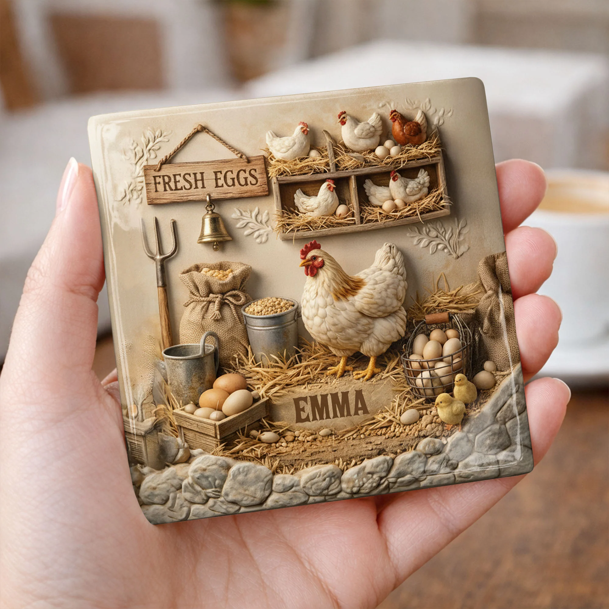 Fresh Eggs Rustic Farmhouse Scene With Hen And Nesting Chickens - Personalized Custom Ceramic Coaster, Square Shape - FARM020_SOCO - Image 2