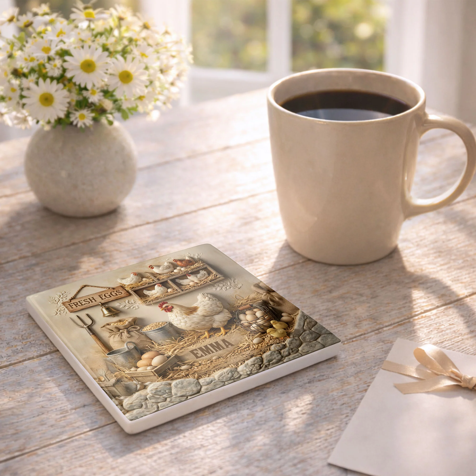Fresh Eggs Rustic Farmhouse Scene With Hen And Nesting Chickens - Personalized Custom Ceramic Coaster, Square Shape - FARM020_SOCO - Image 8