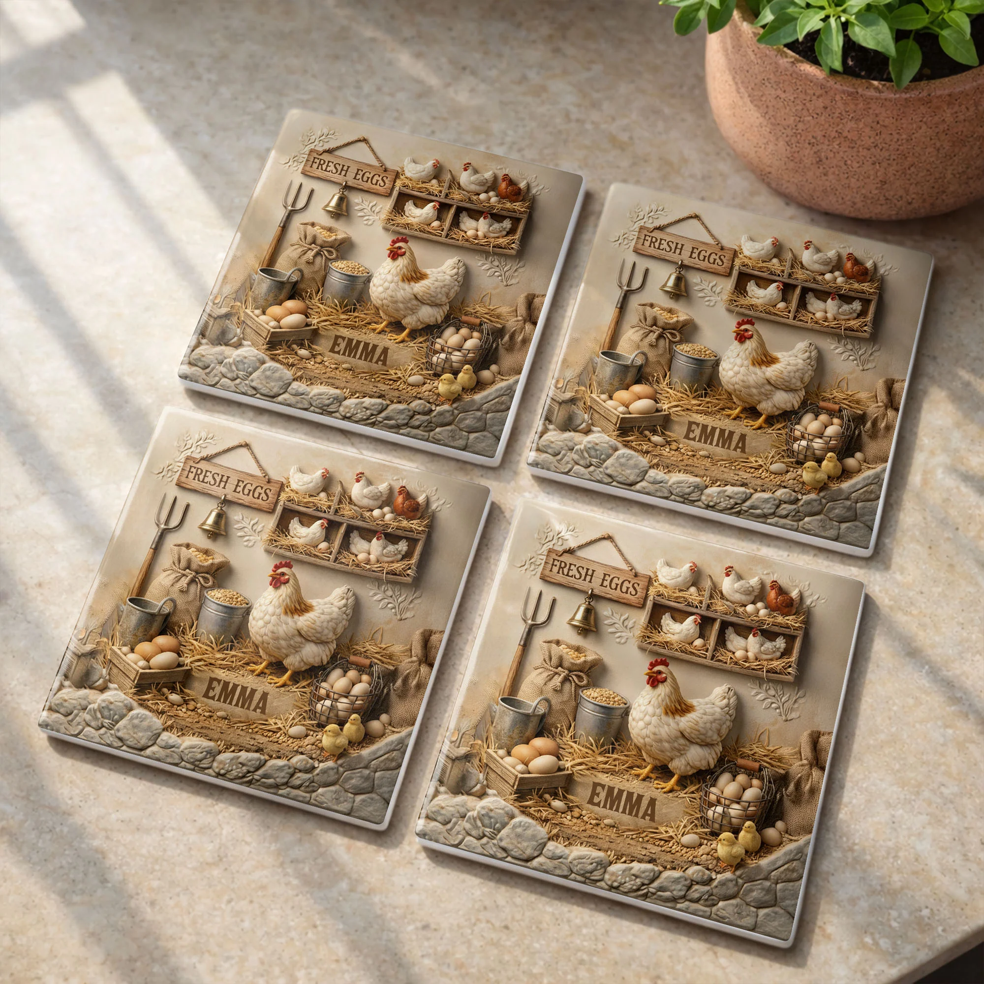 Fresh Eggs Rustic Farmhouse Scene With Hen And Nesting Chickens - Personalized Custom Ceramic Coaster, Square Shape - FARM020_SOCO - Image 9