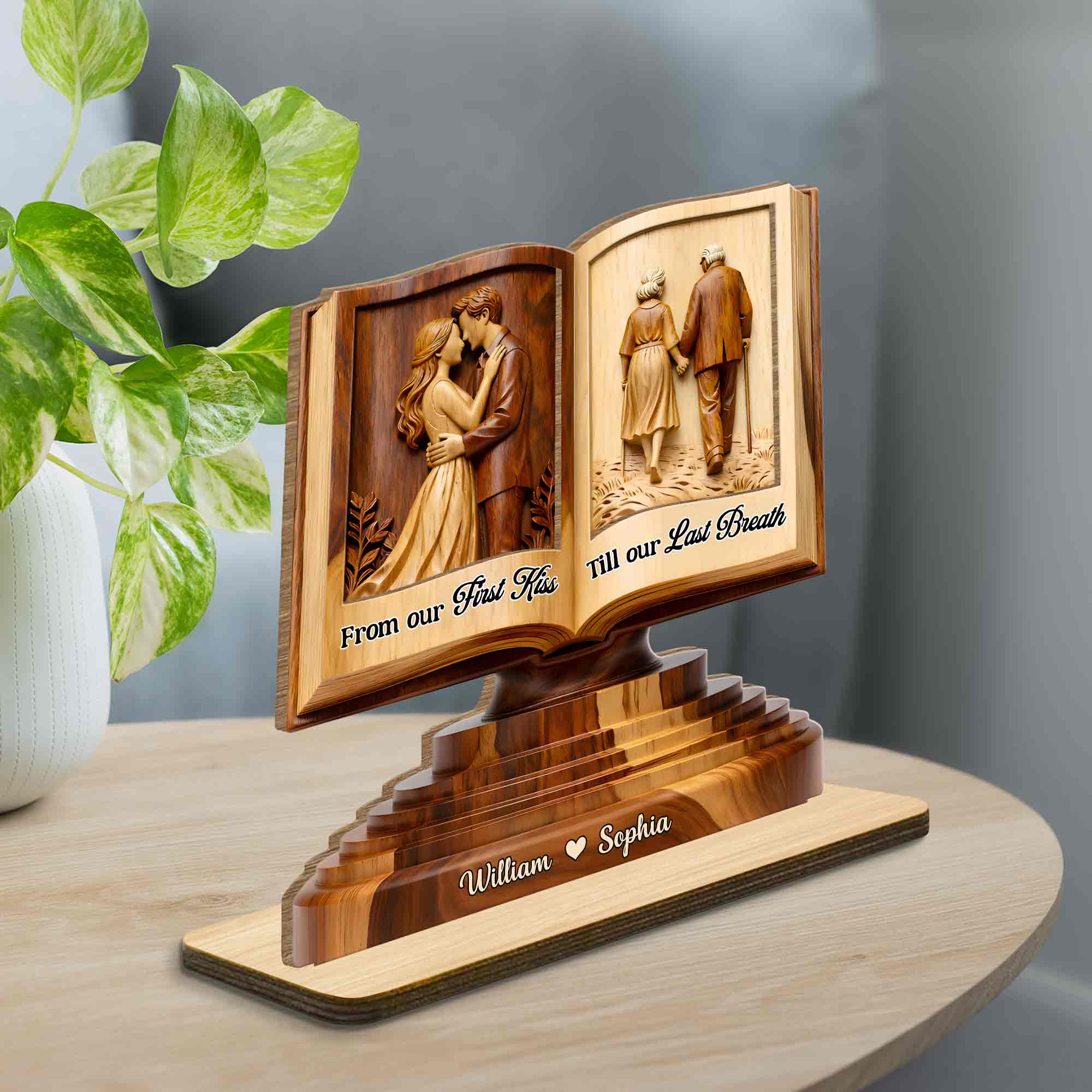 From Our First Kiss Till Our Last Breath Couple Book Wood Carving - Personalized Custom 2-Layer Wood Plaque With Flat Base - CPL1400_WPLA - Image 3