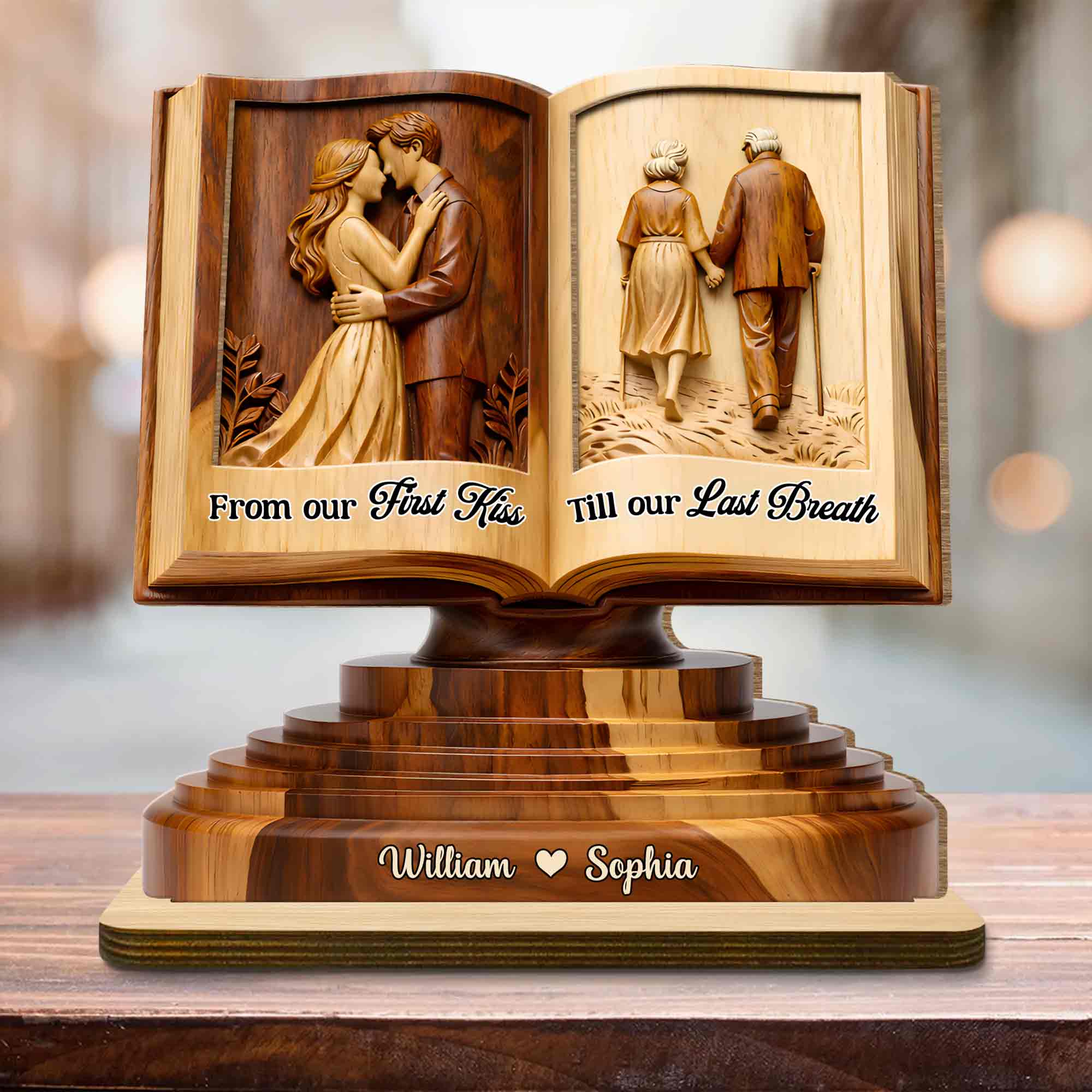 From Our First Kiss Till Our Last Breath Couple Book Wood Carving - Personalized Custom 2-Layer Wood Plaque With Flat Base - CPL1400_WPLA - Image 6