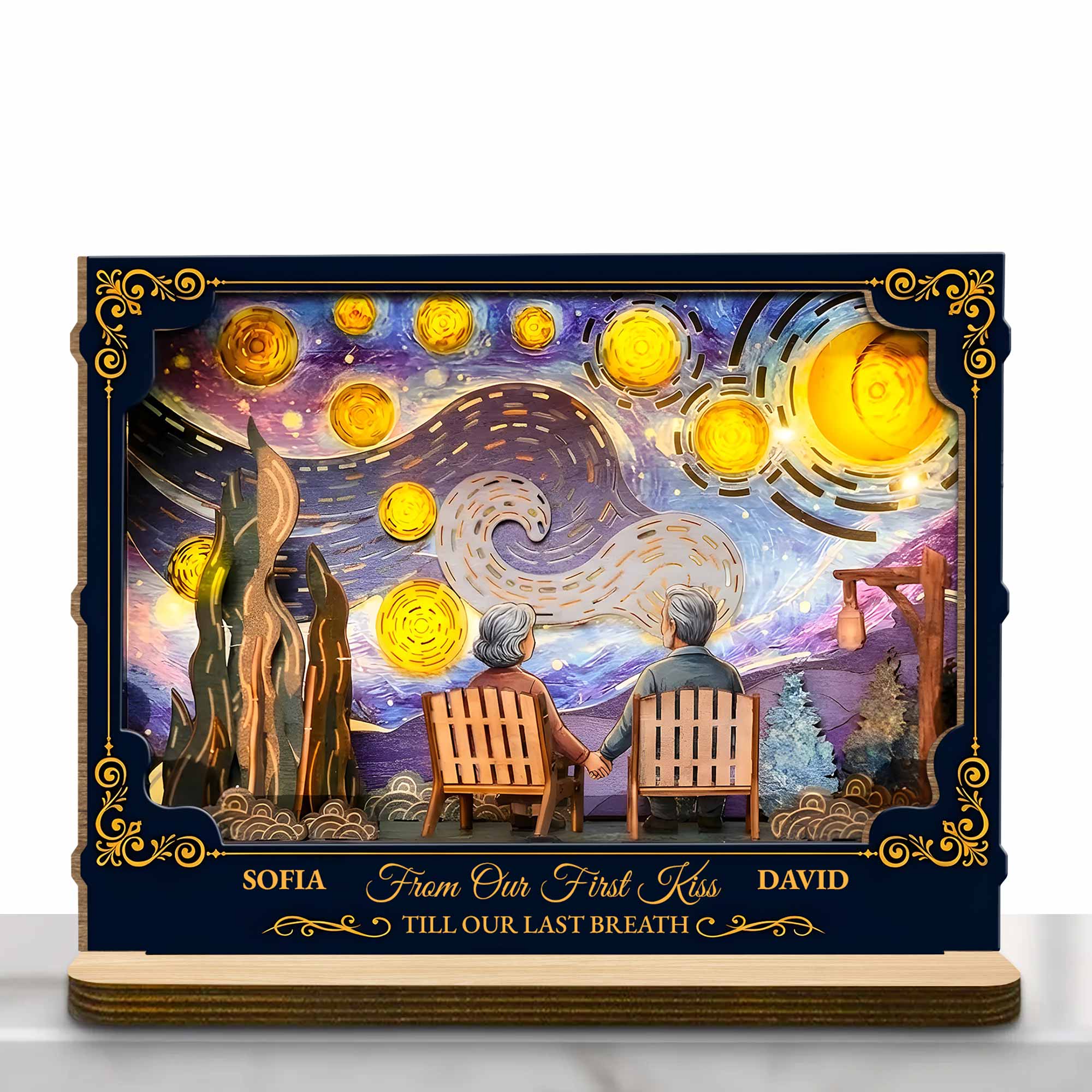 From Our First Kiss Till Our Last Breath Old Couple Starry Night - Personalized Custom 2-Layer Wood Plaque With Flat Base - CPL1368_WPLA - Image 7
