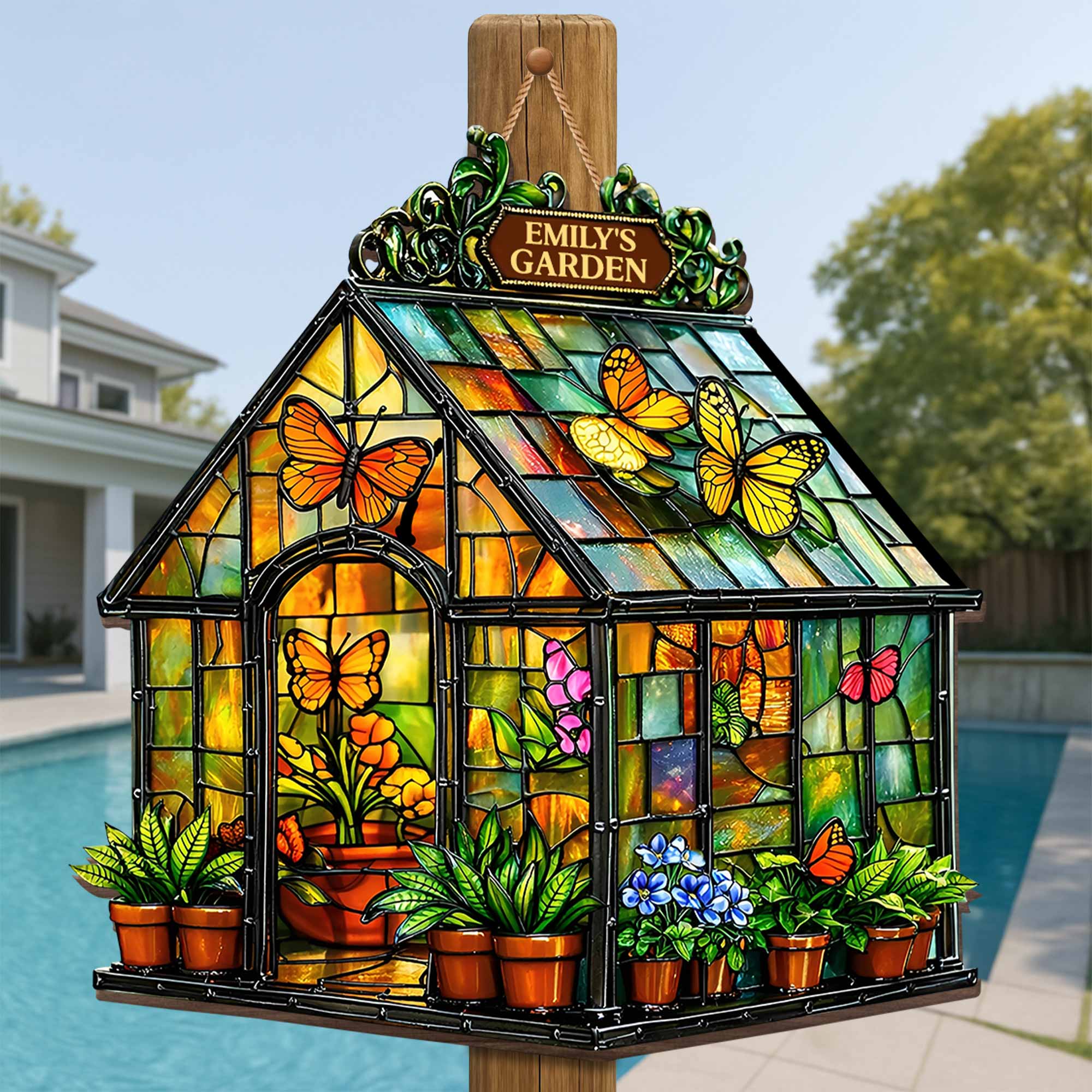 Garden Stained Glass Greenhouse Design With Butterflies And Flowers - Personalized Custom Shaped Wood Sign - GAR028_WSIGN - Image 3