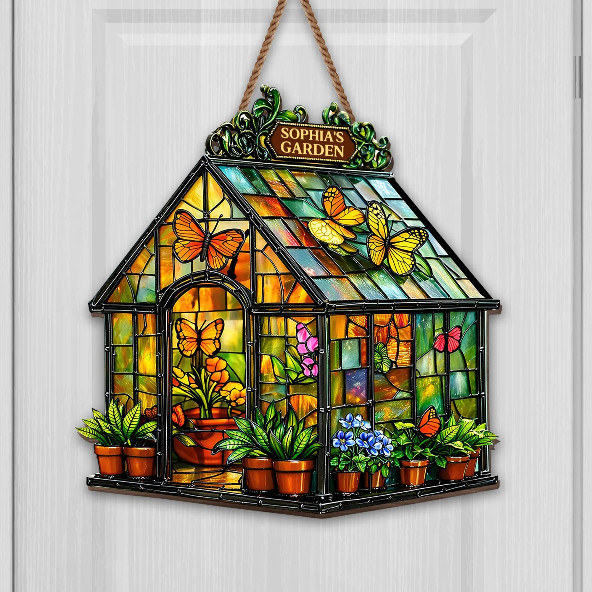 Garden Stained Glass Greenhouse Design With Butterflies And Flowers - Personalized Custom Shaped Wood Sign - GAR028_WSIGN - Image 5