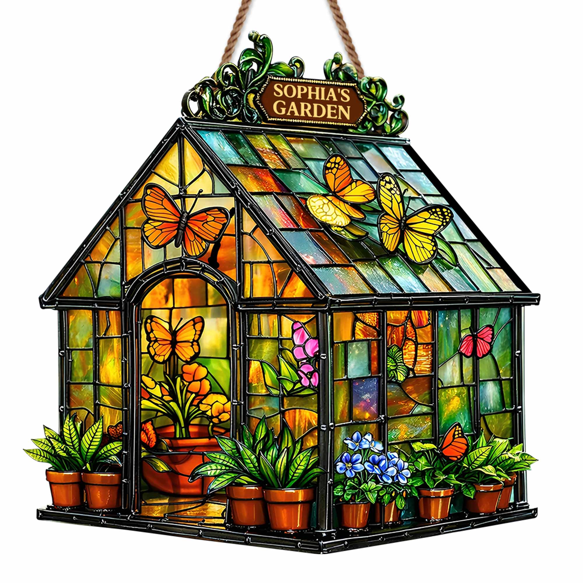 Garden Stained Glass Greenhouse Design With Butterflies And Flowers - Personalized Custom Shaped Wood Sign - GAR028_WSIGN - Image 7