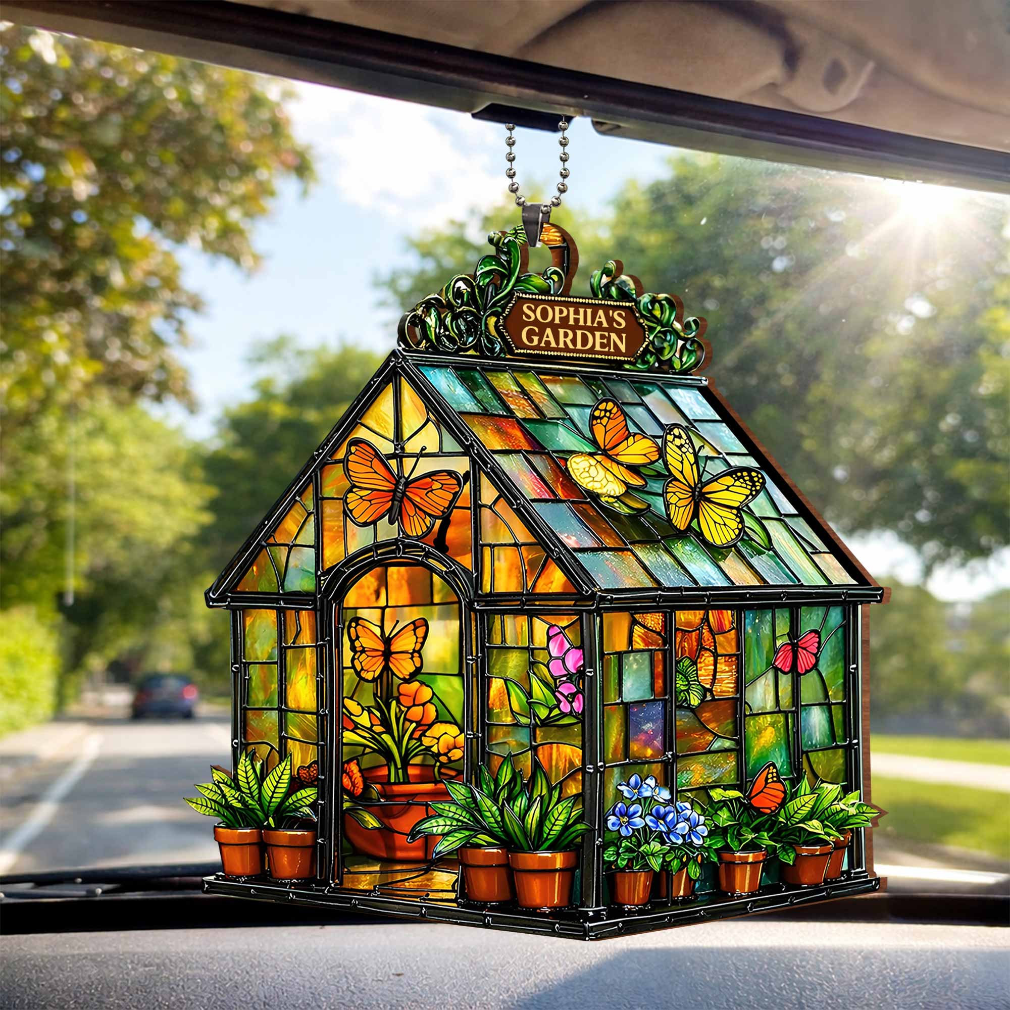 Garden Stained Glass Greenhouse With Colorful Butterflies And Flowers - Personalized Custom Wood Ornament, Car Hanging Ornament - GAR028_WCA - Image 3