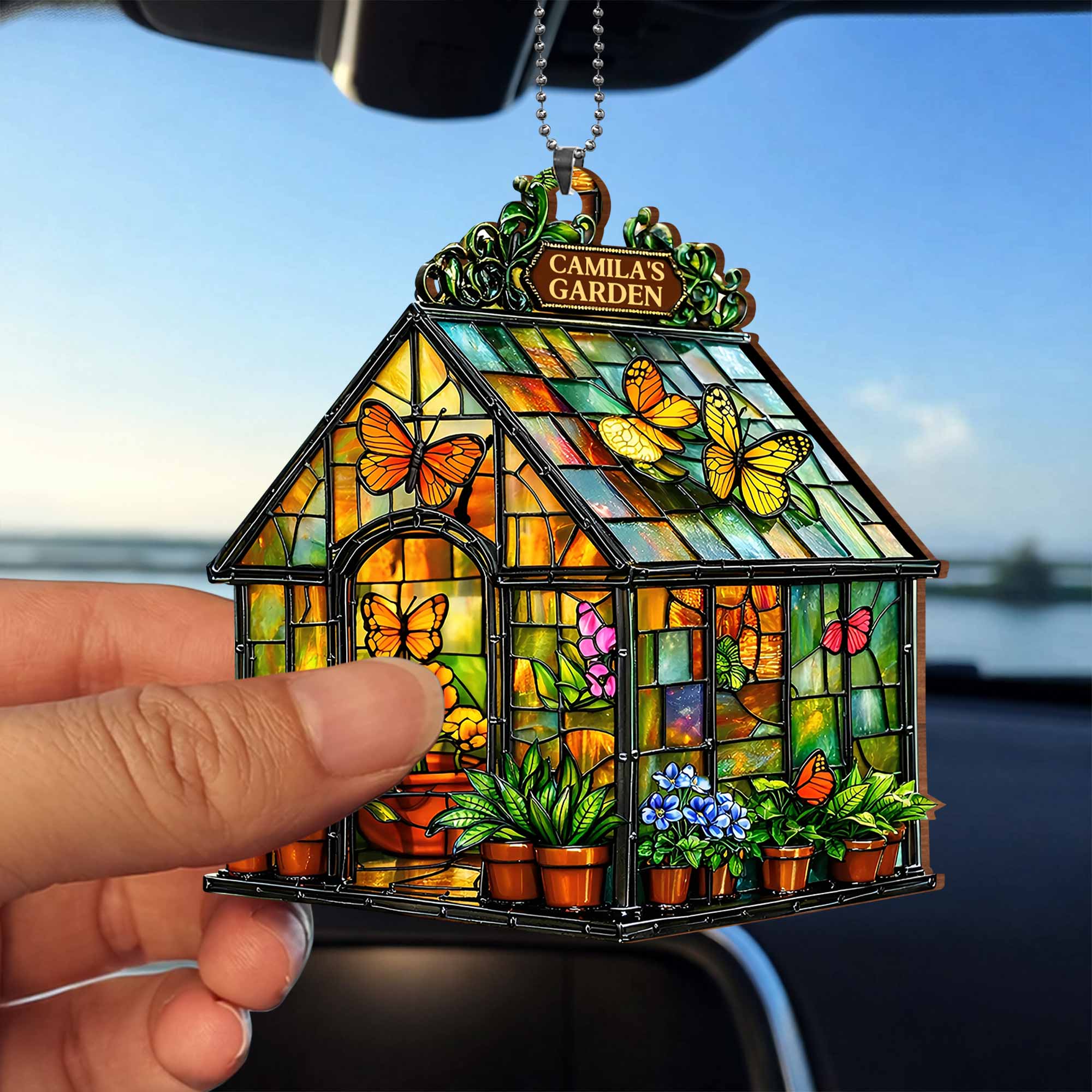 Garden Stained Glass Greenhouse With Colorful Butterflies And Flowers - Personalized Custom Wood Ornament, Car Hanging Ornament - GAR028_WCA - Image 4