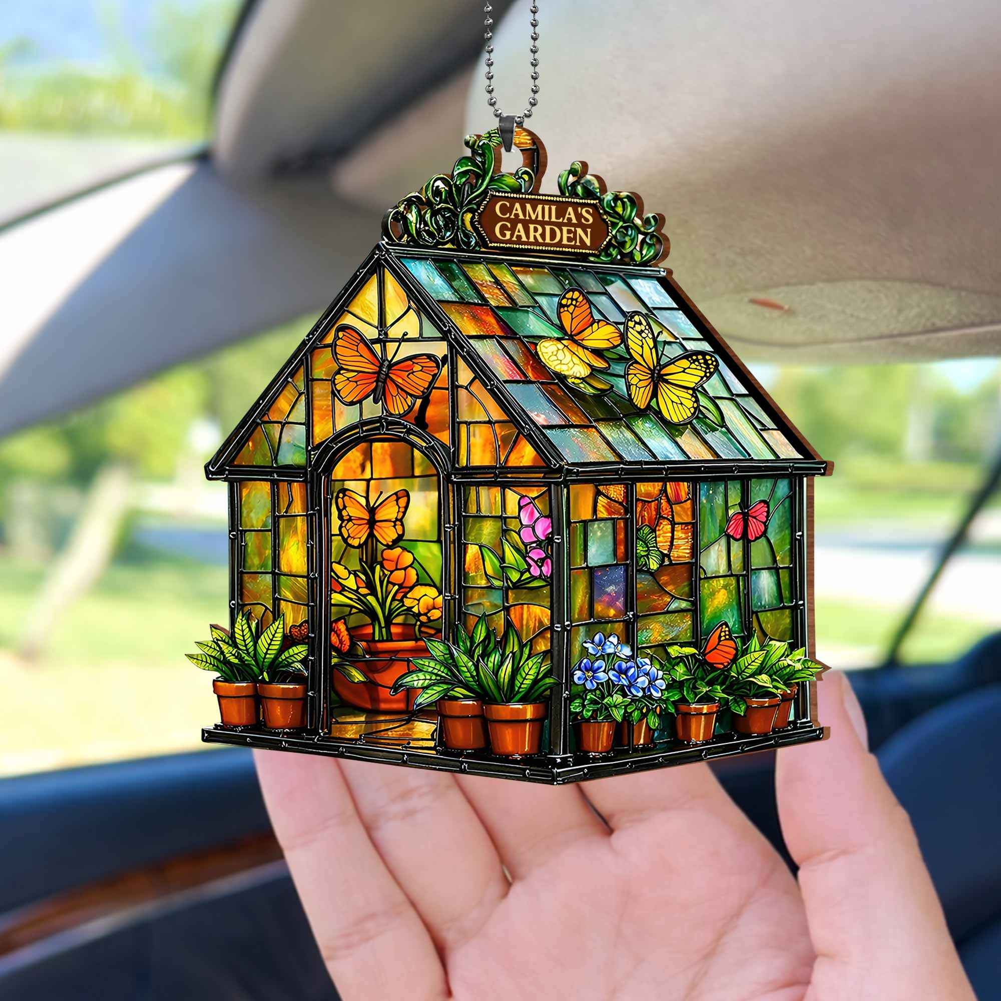 Garden Stained Glass Greenhouse With Colorful Butterflies And Flowers - Personalized Custom Wood Ornament, Car Hanging Ornament - GAR028_WCA - Image 9