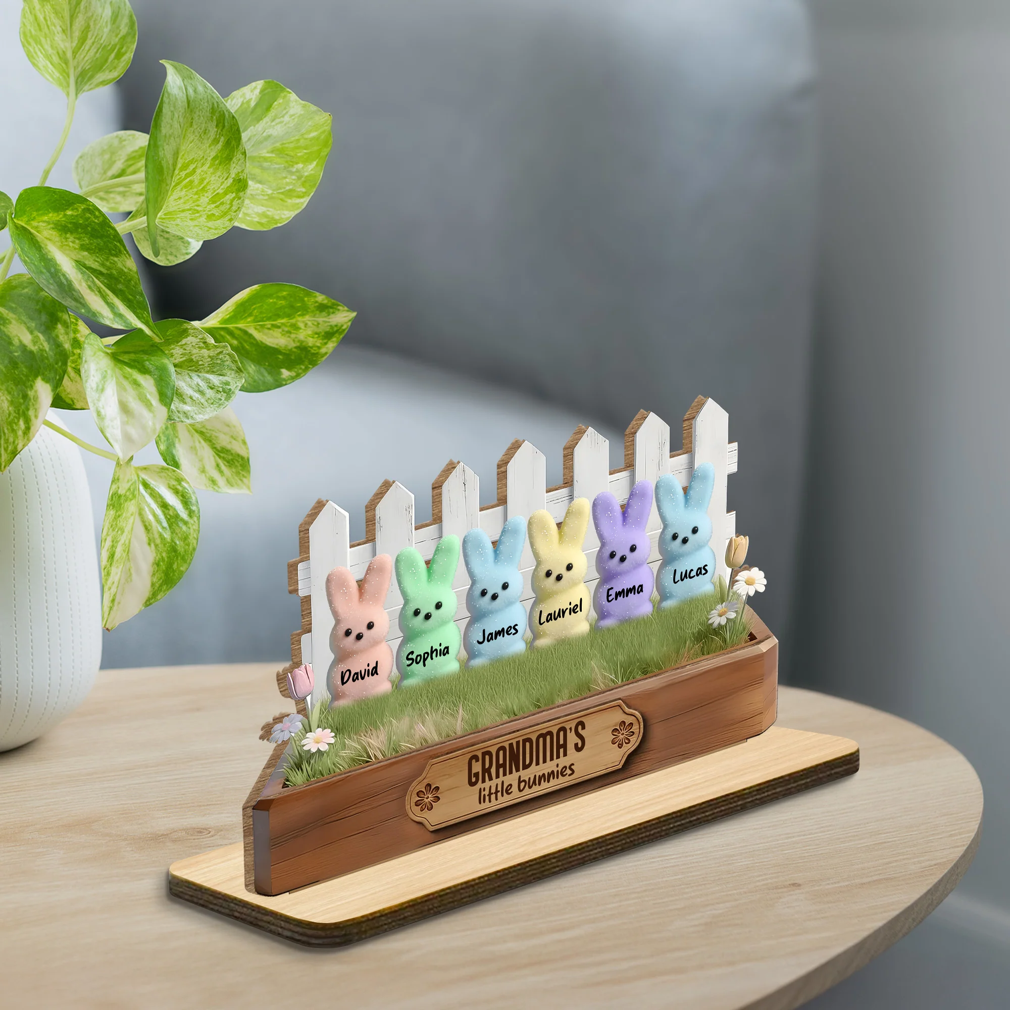 Grandma's Little Bunnies Garden Box With Colorful Marshmallow Bunnies And Flowers - Personalized Custom 2-Layer Wood Plaque With Flat Base - GRM109_WPLA - Image 3