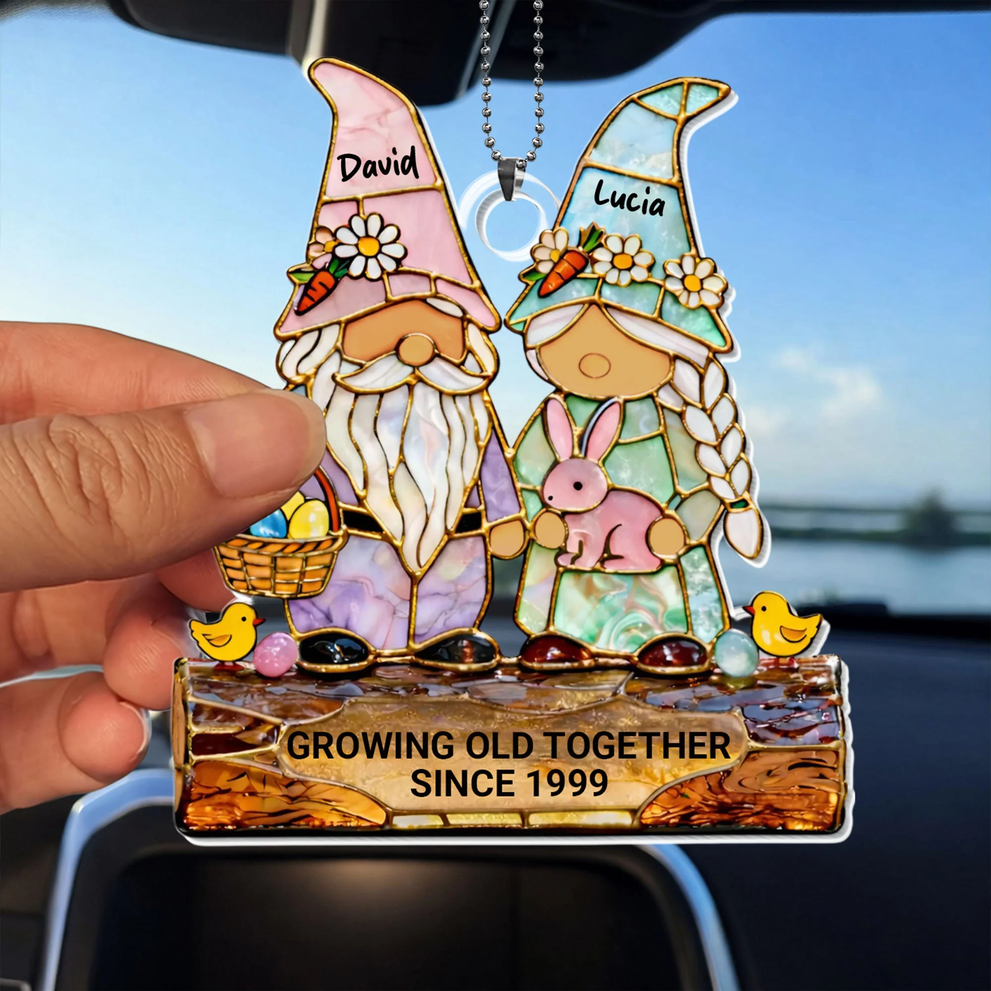 Growing Old Together Couple Gnomes With Bunny And Easter Eggs - Personalized Custom Acrylic Ornament, Car Hanging Ornament - CPL1411_ACA - Image 3