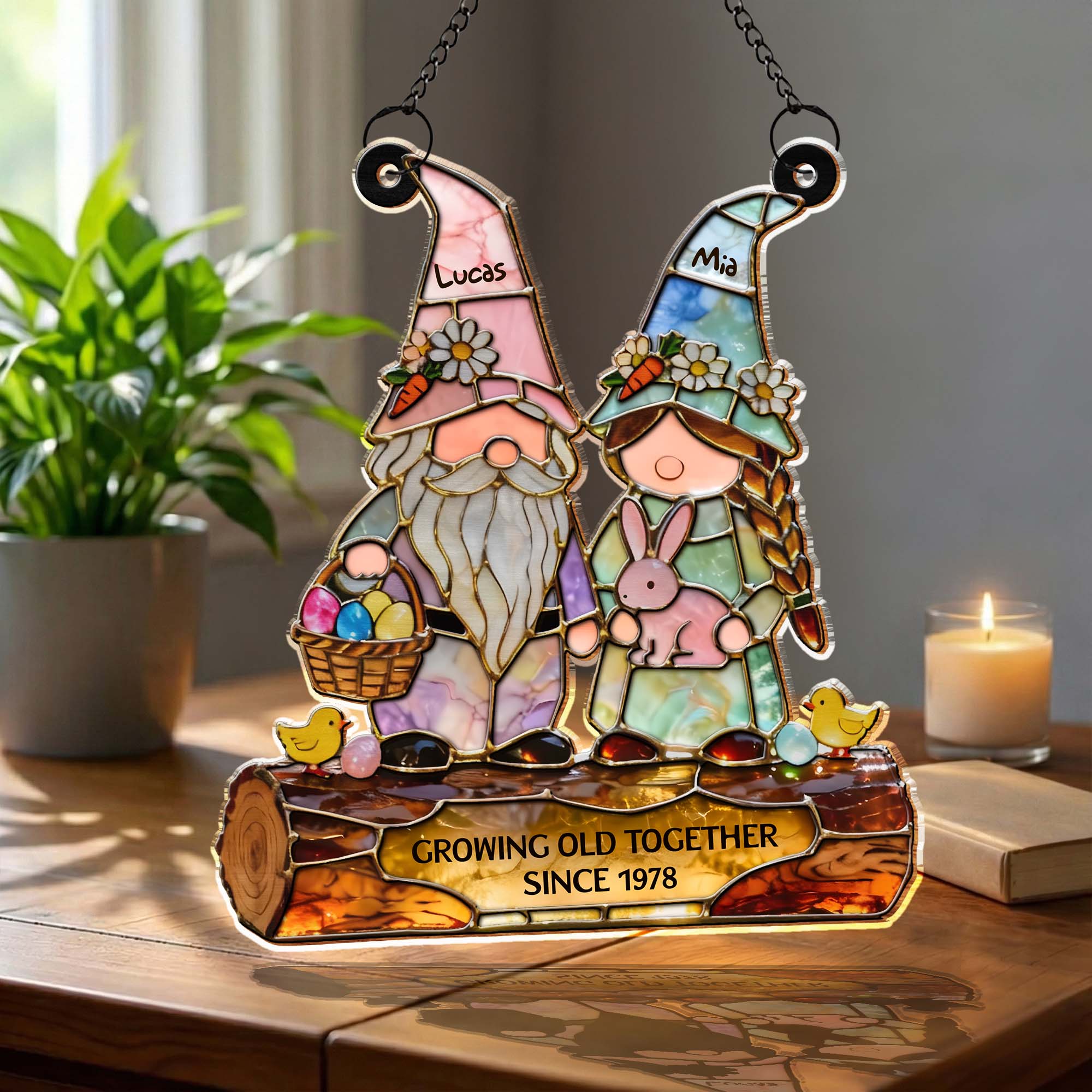 Growing Old Together Couple Gnomes With Easter Bunny And Eggs - Personalized Custom Suncatcher - CPL1425_CSUN - Image 3