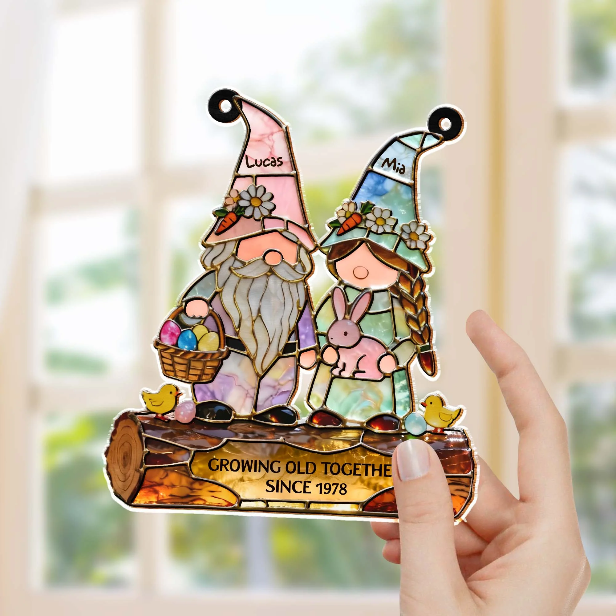 Growing Old Together Couple Gnomes With Easter Bunny And Eggs - Personalized Custom Suncatcher - CPL1425_CSUN - Image 4