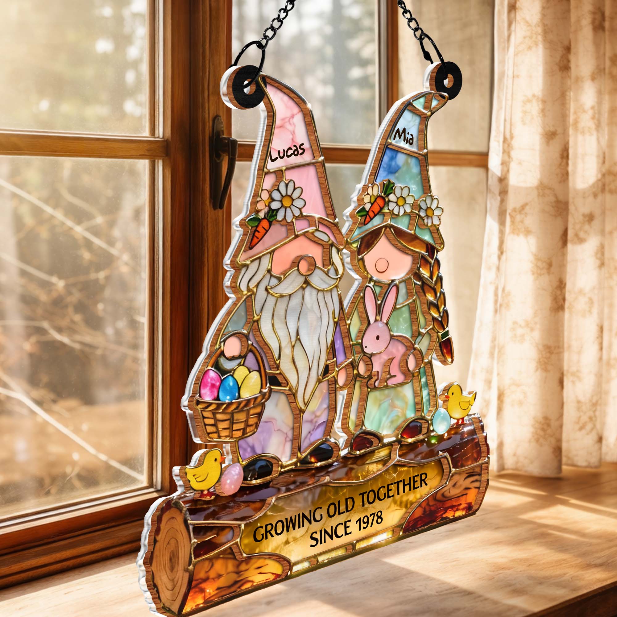 Growing Old Together Couple Gnomes With Easter Bunny And Eggs - Personalized Custom Suncatcher - CPL1425_CSUN - Image 5
