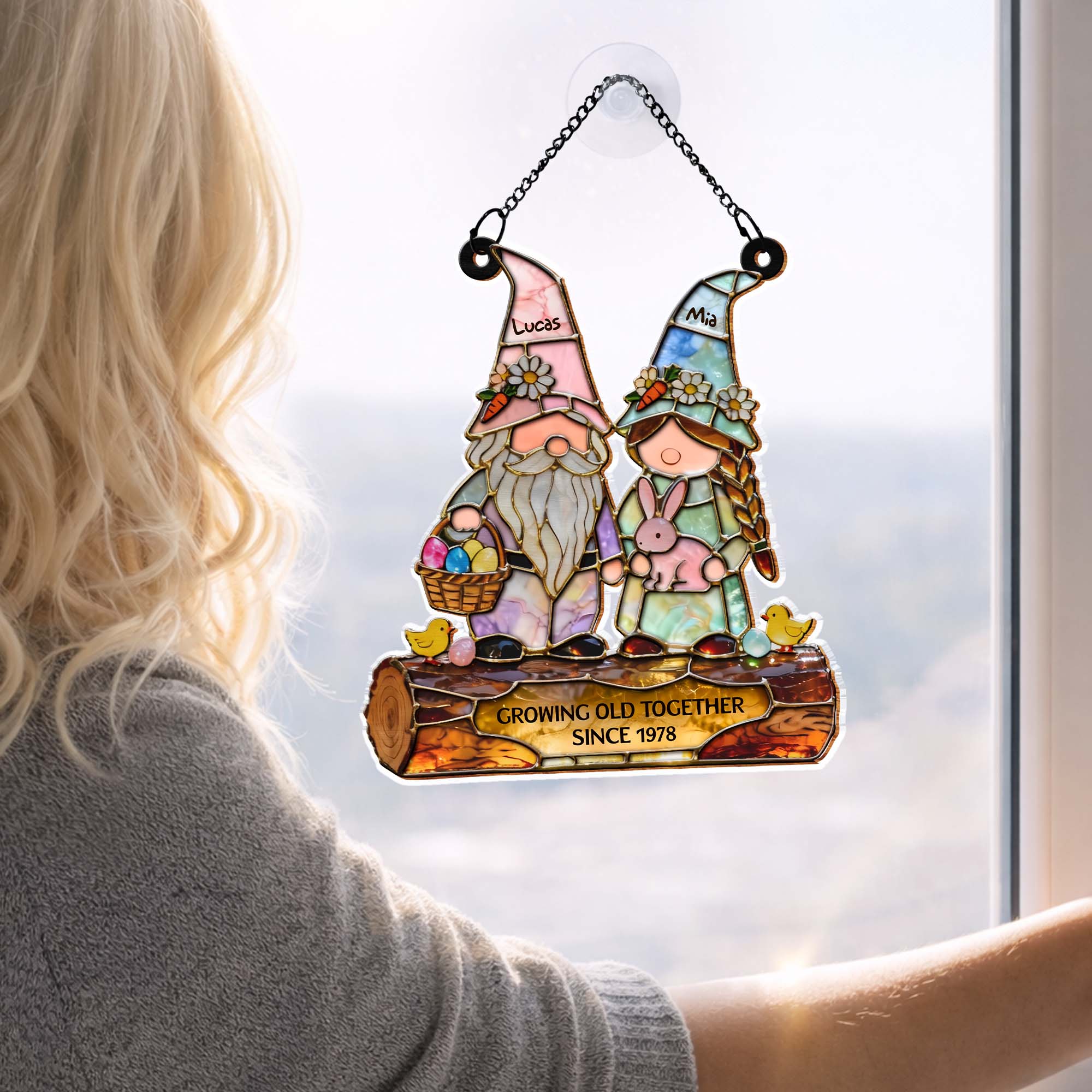 Growing Old Together Couple Gnomes With Easter Bunny And Eggs - Personalized Custom Suncatcher - CPL1425_CSUN - Image 6