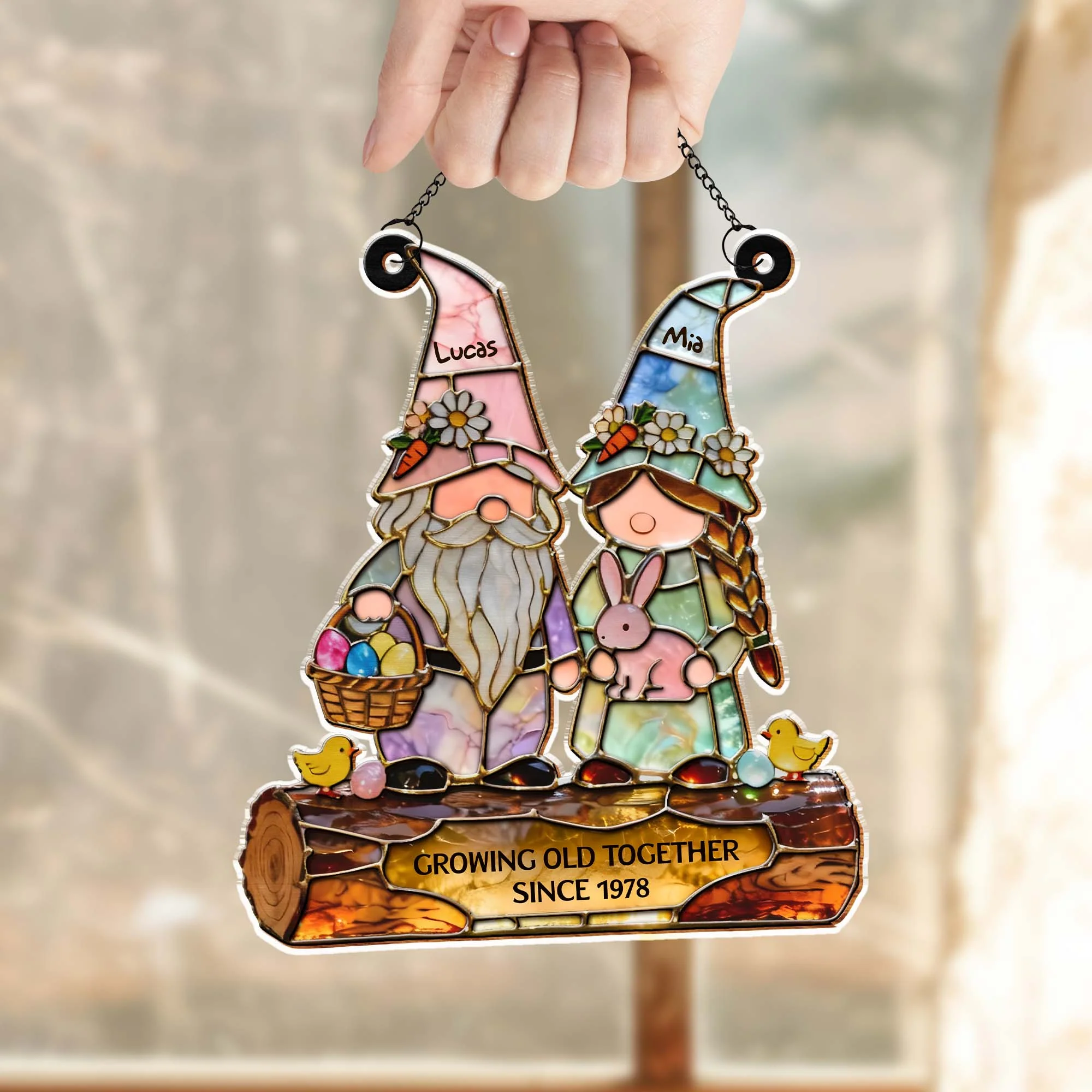 Growing Old Together Couple Gnomes With Easter Bunny And Eggs - Personalized Custom Suncatcher - CPL1425_CSUN - Image 7