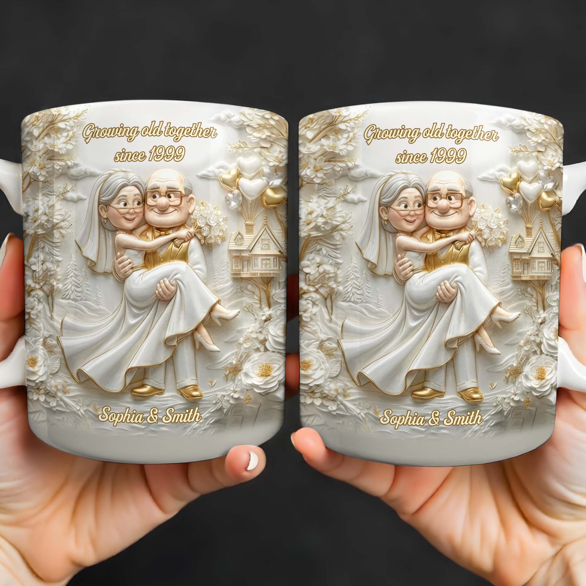 Growing Old Together Custom Couple With House And Balloons Design - Personalized Custom Coffee Mug - CPL1385_MG - Image 4
