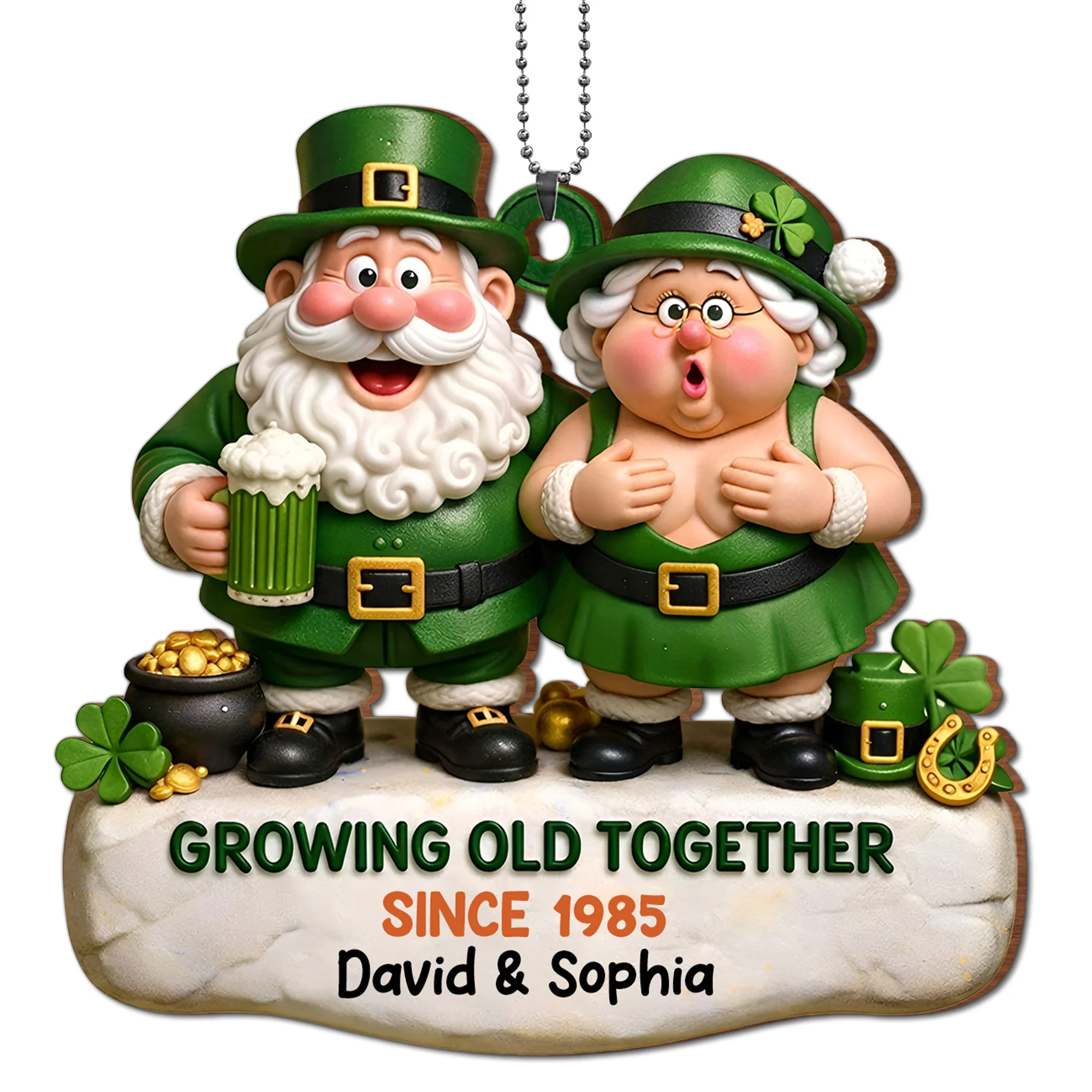 Growing Old Together Leprechaun Couple And Pot Of Gold - Personalized Custom Wood Ornament, Car Hanging Ornament - CPL1397_WCA - Image 10