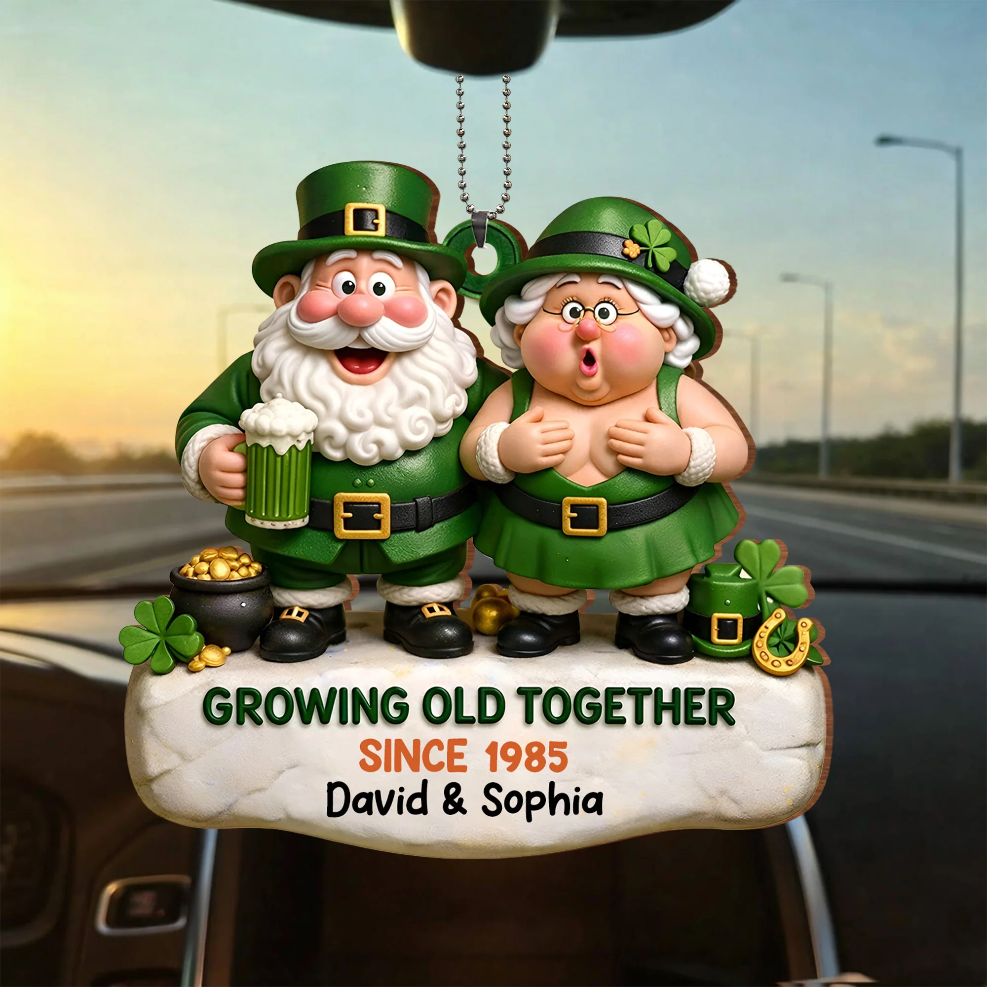 Growing Old Together Leprechaun Couple And Pot Of Gold - Personalized Custom Wood Ornament, Car Hanging Ornament - CPL1397_WCA - Image 3