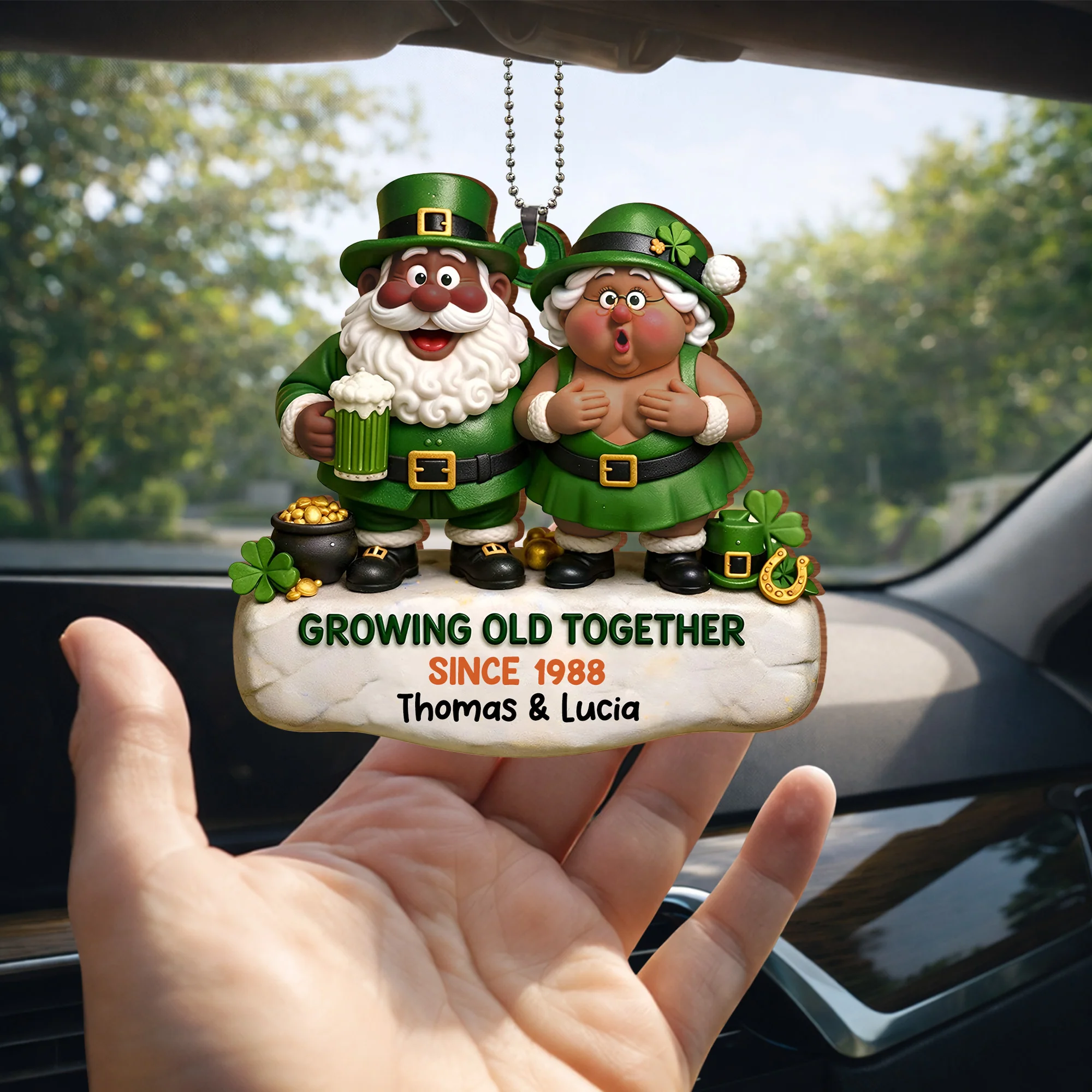 Growing Old Together Leprechaun Couple And Pot Of Gold - Personalized Custom Wood Ornament, Car Hanging Ornament - CPL1397_WCA - Image 4