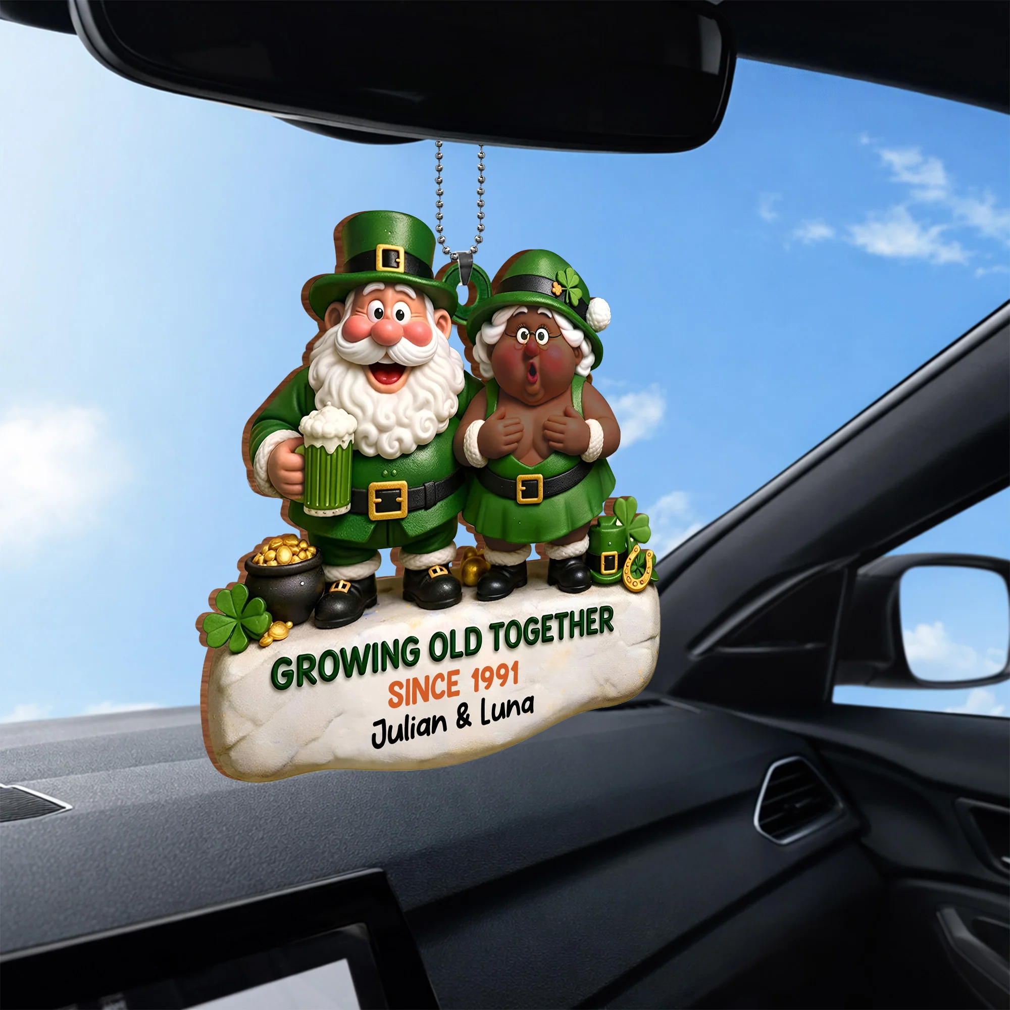 Growing Old Together Leprechaun Couple And Pot Of Gold - Personalized Custom Wood Ornament, Car Hanging Ornament - CPL1397_WCA - Image 5