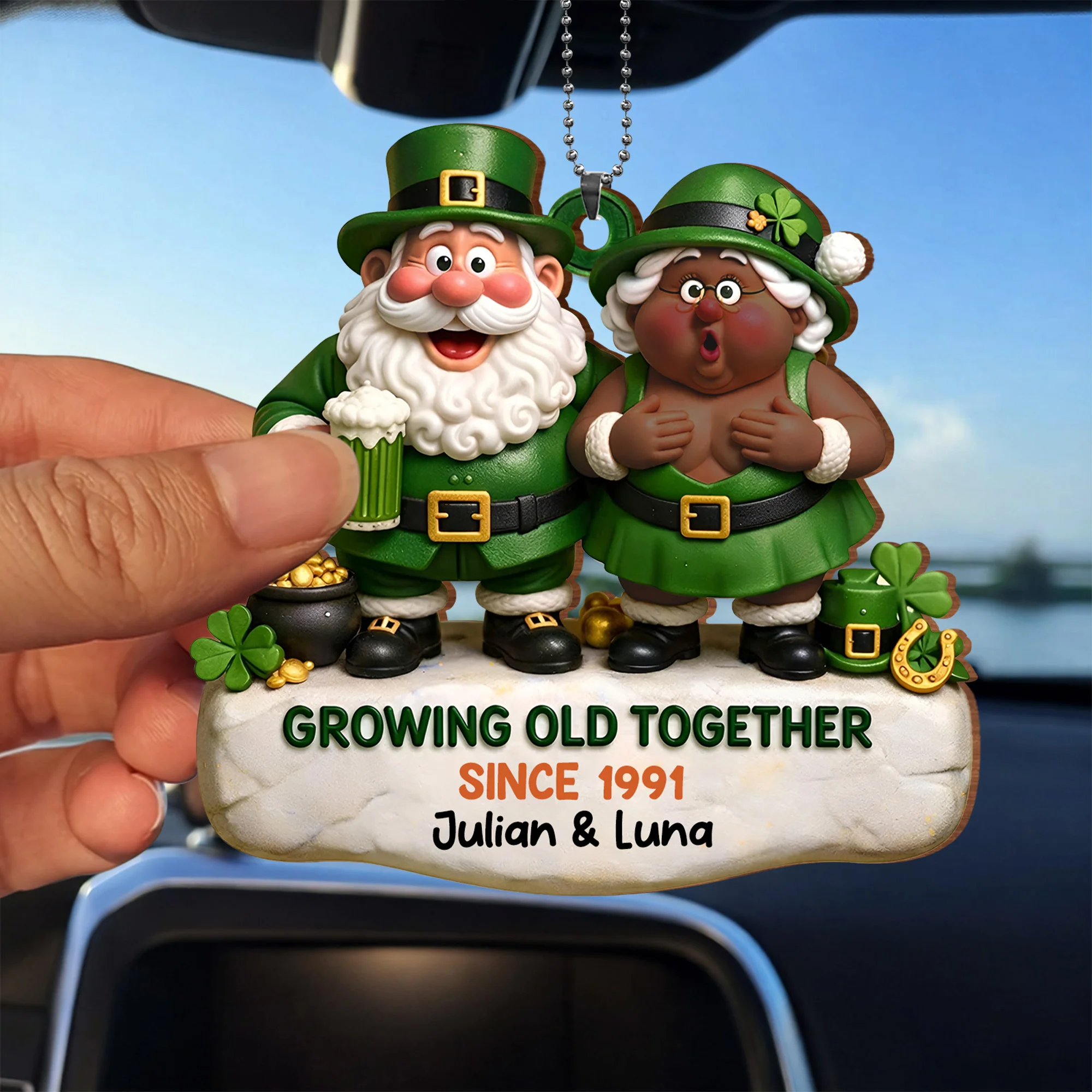 Growing Old Together Leprechaun Couple And Pot Of Gold - Personalized Custom Wood Ornament, Car Hanging Ornament - CPL1397_WCA - Image 8
