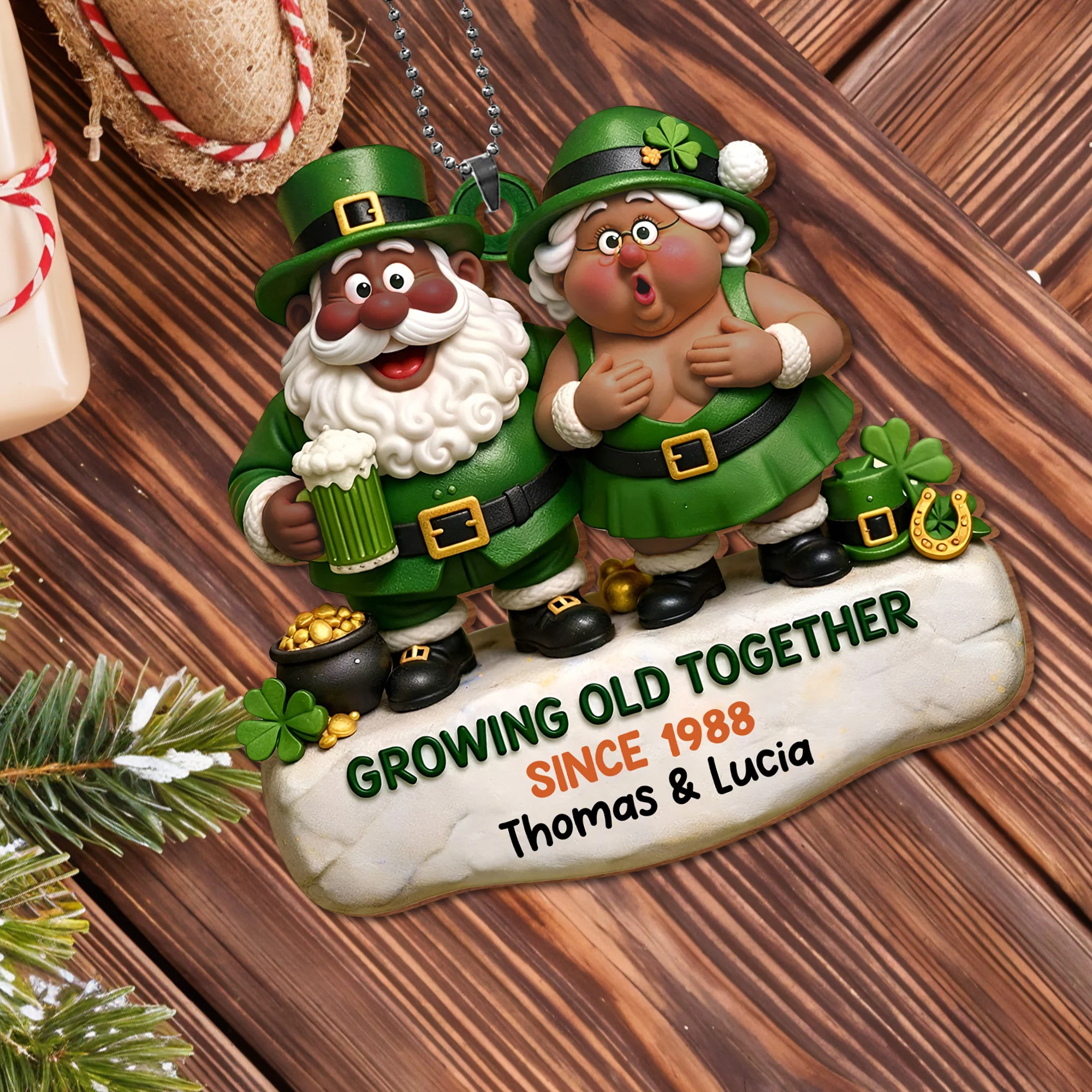 Growing Old Together Leprechaun Couple And Pot Of Gold - Personalized Custom Wood Ornament, Car Hanging Ornament - CPL1397_WCA - Image 9