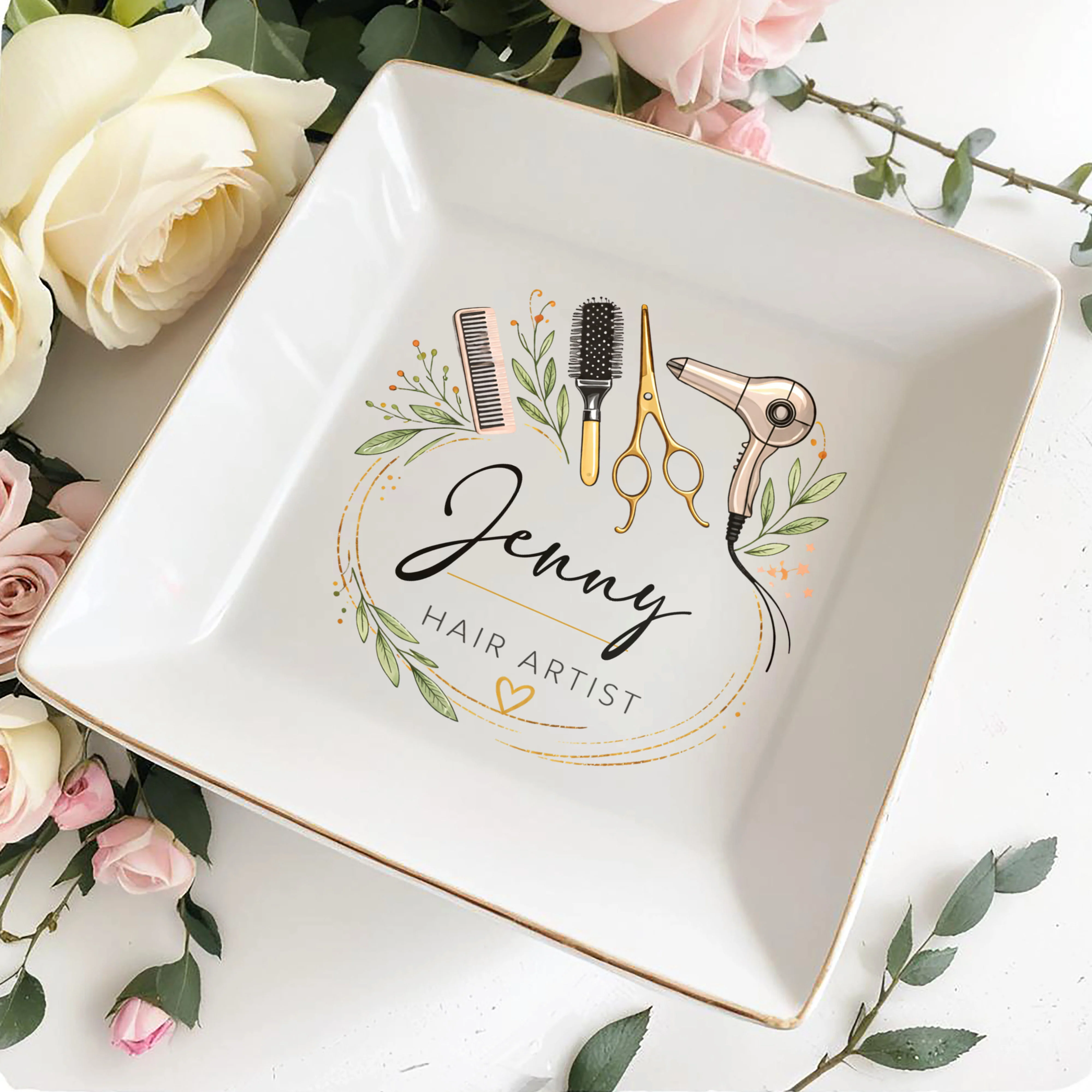 Hair Artist Floral Wreath With Hair Dryer Scissors And Comb - Personalized Custom Jewelry Dish, Square Ceramic Dish - JBS167_SCRD - Image 4
