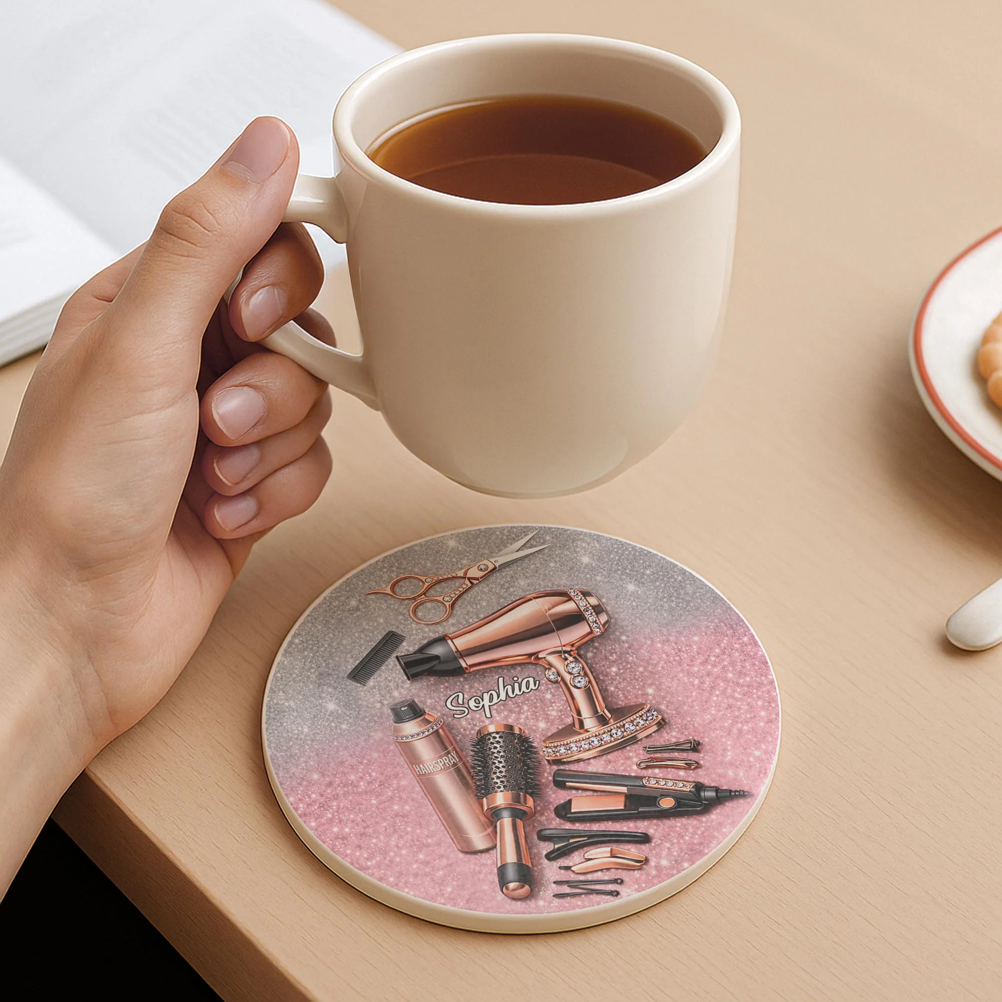 Hairstylist Passion Glamour With Rose Gold Hairdryer And Scissors - Personalized Custom Ceramic Coaster - HAIR001_ROCO - Image 4