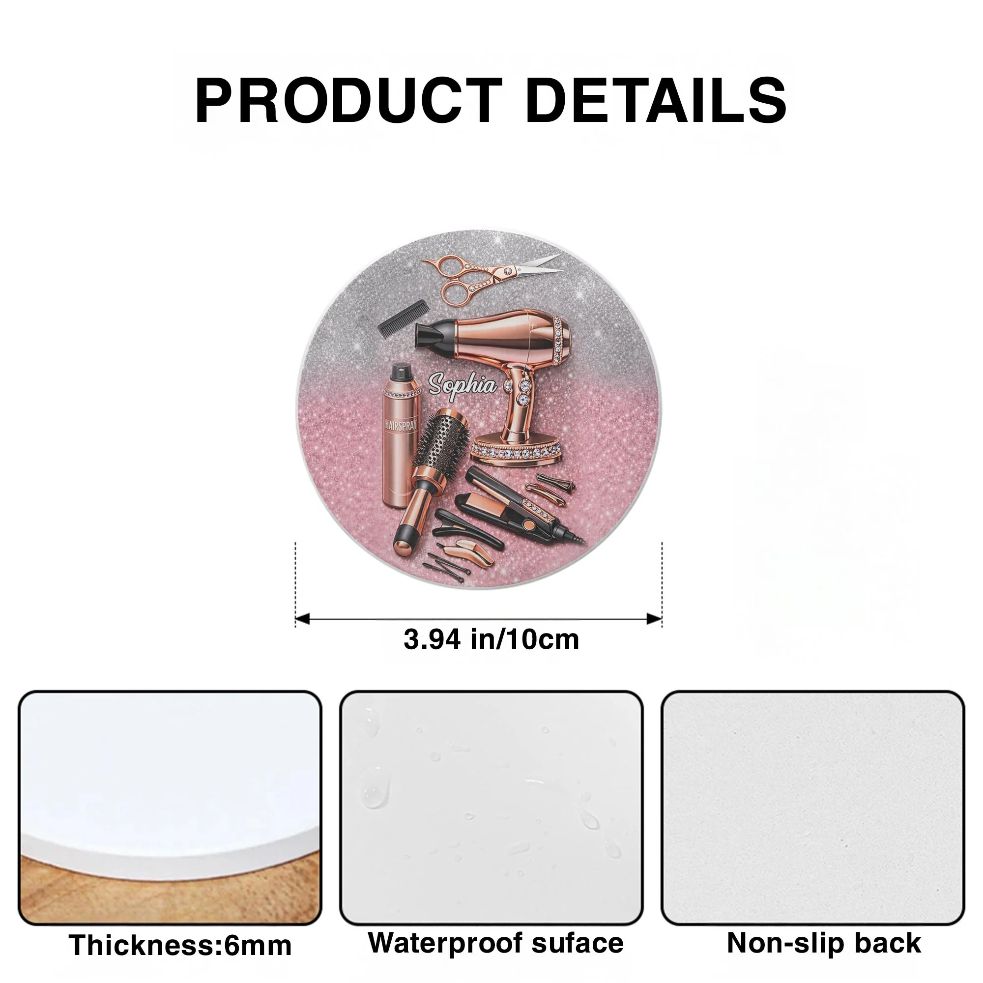 Hairstylist Passion Glamour With Rose Gold Hairdryer And Scissors - Personalized Custom Ceramic Coaster - HAIR001_ROCO - Image 7