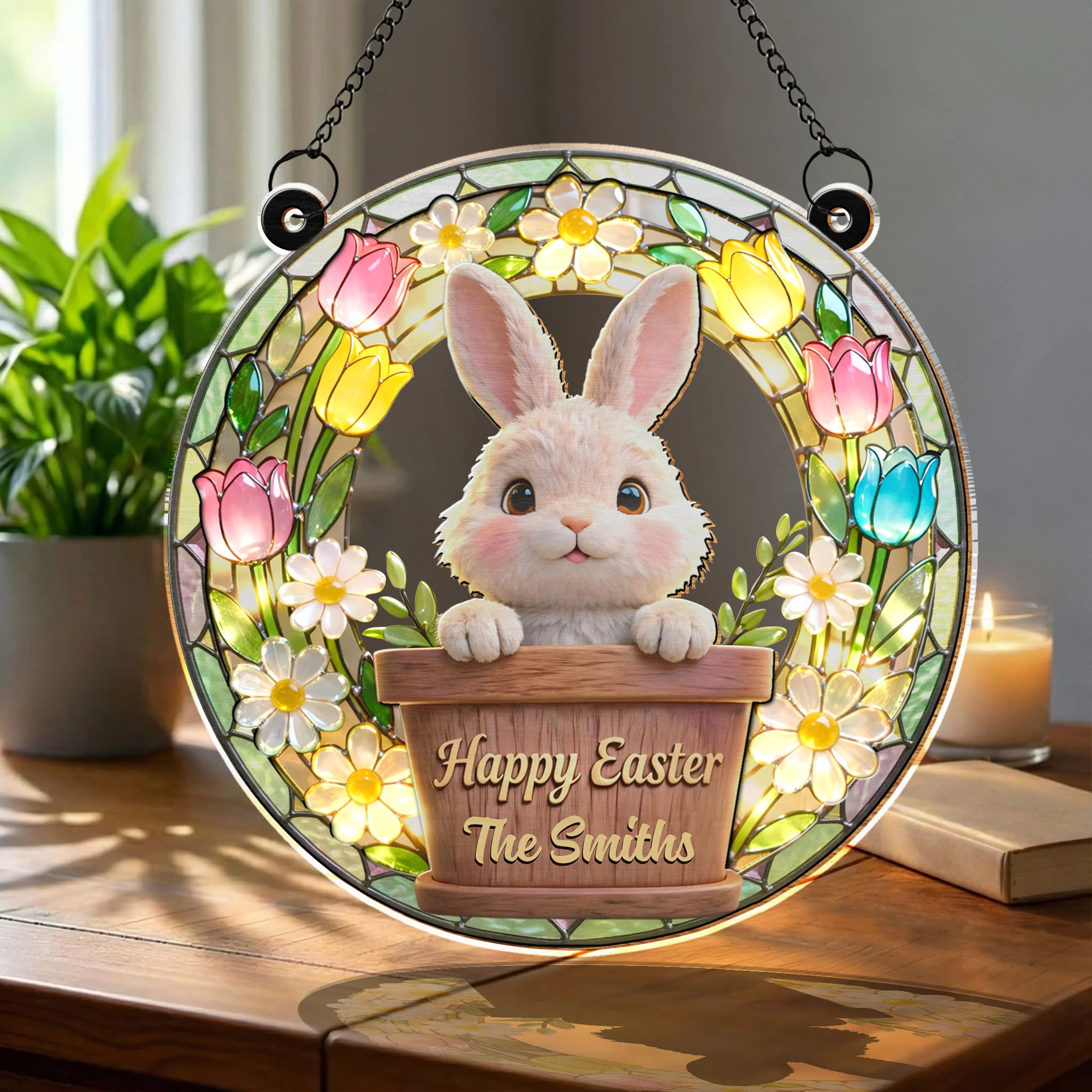 Happy Easter Cute Bunny In Flower Pot With Tulips And Daisies - Personalized Custom Suncatcher - FAM815_CSUN - Image 3
