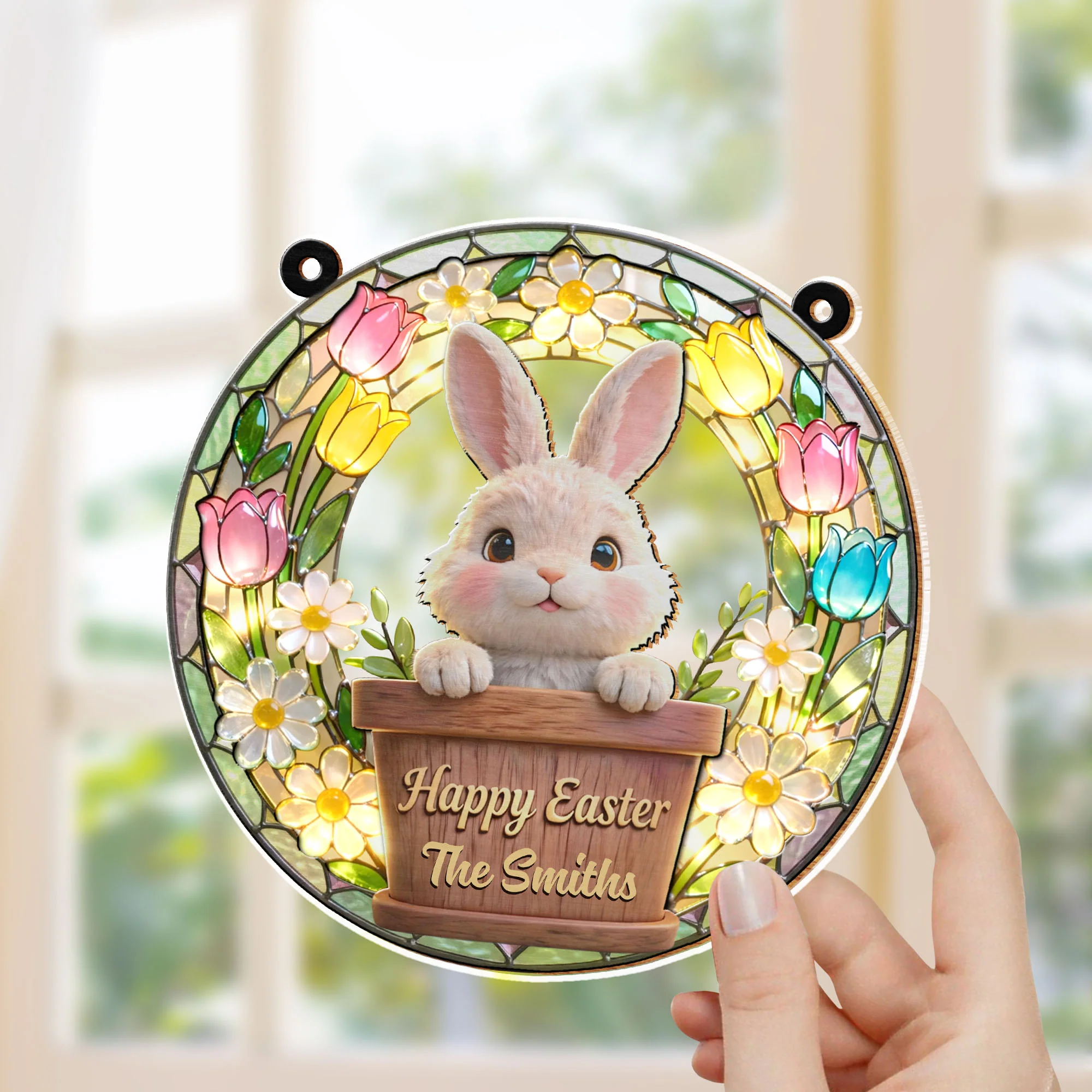 Happy Easter Cute Bunny In Flower Pot With Tulips And Daisies - Personalized Custom Suncatcher - FAM815_CSUN - Image 4