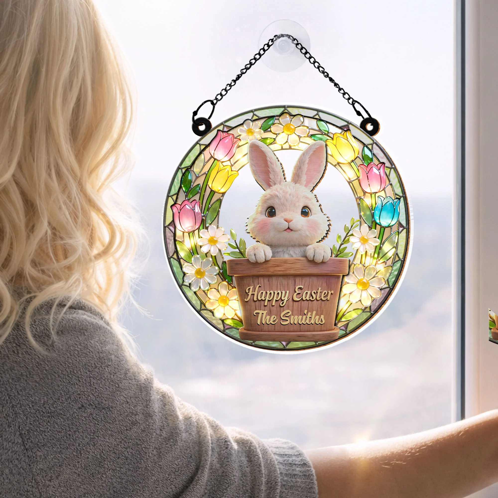 Happy Easter Cute Bunny In Flower Pot With Tulips And Daisies - Personalized Custom Suncatcher - FAM815_CSUN - Image 6