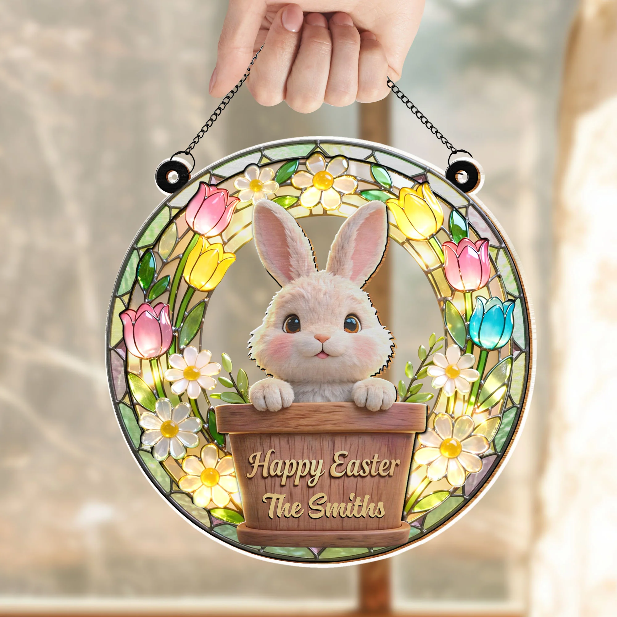 Happy Easter Cute Bunny In Flower Pot With Tulips And Daisies - Personalized Custom Suncatcher - FAM815_CSUN - Image 7