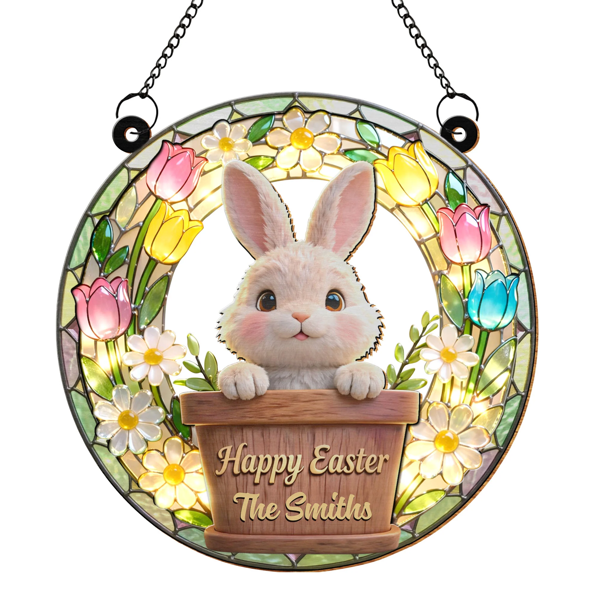 Happy Easter Cute Bunny In Flower Pot With Tulips And Daisies - Personalized Custom Suncatcher - FAM815_CSUN - Image 9