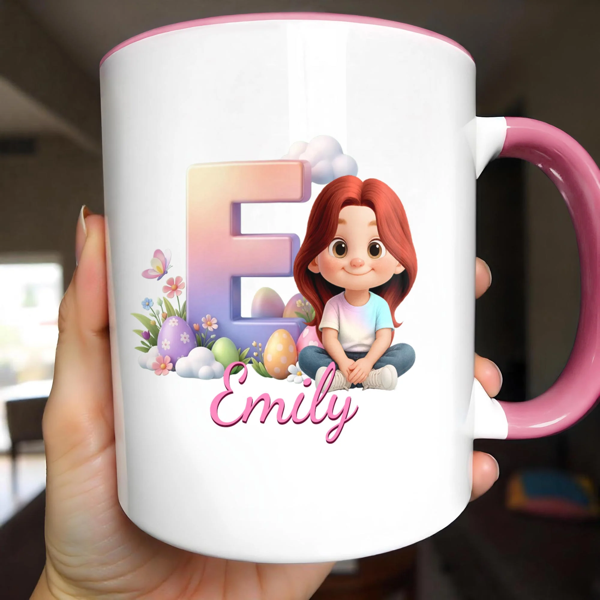 Happy Easter Day Gradient Alphabet And Cute Little Girl With Easter Eggs - Personalized Custom Accent Mug - KID607_AMUG