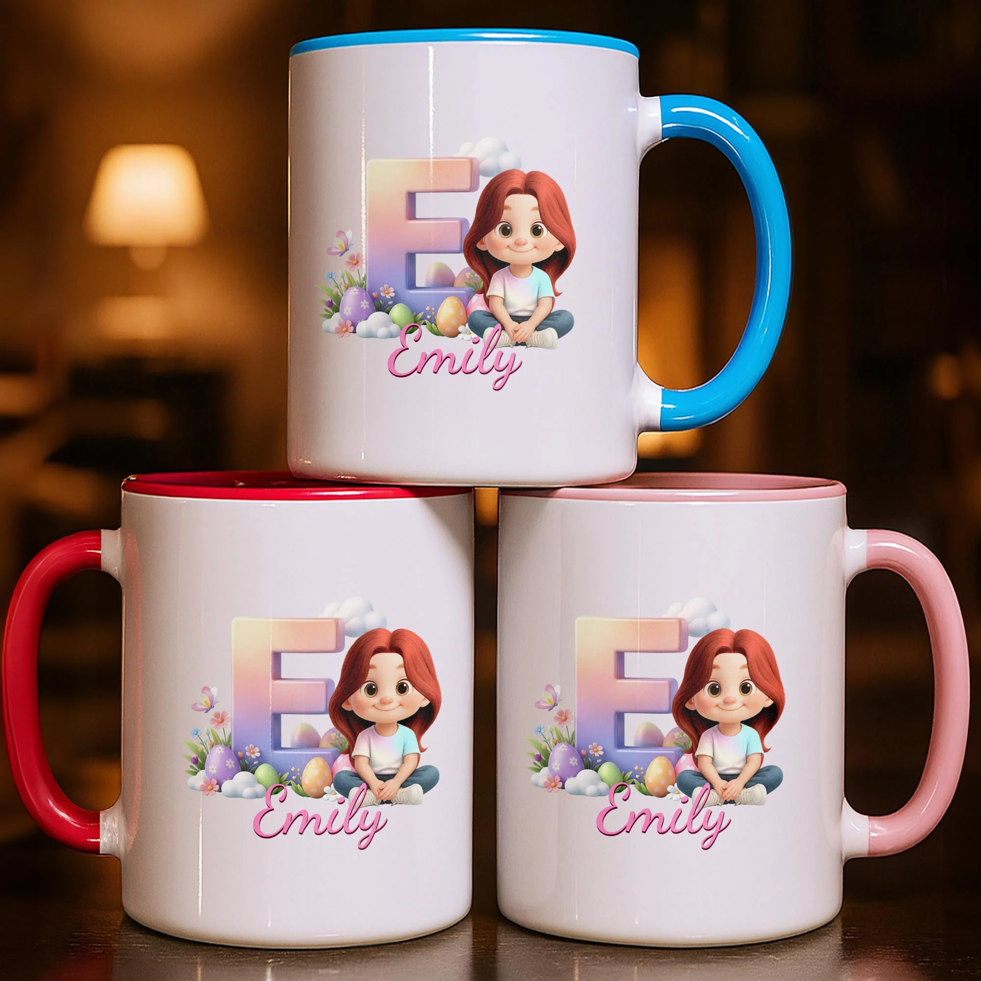 Happy Easter Day Gradient Alphabet And Cute Little Girl With Easter Eggs - Personalized Custom Accent Mug - KID607_AMUG - Image 2