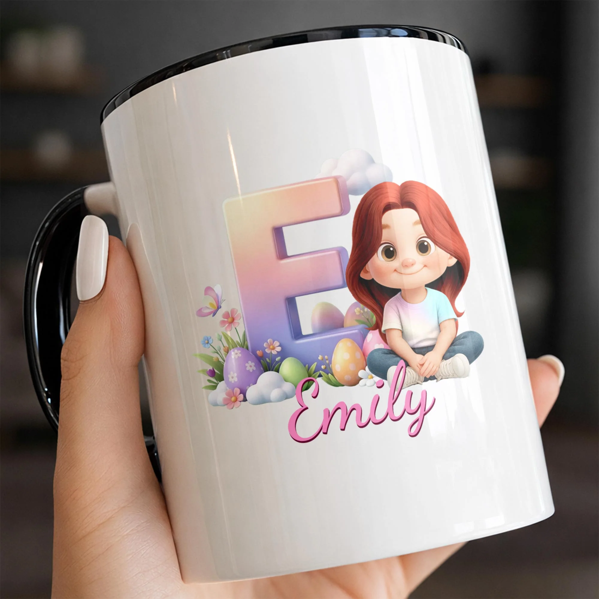 Happy Easter Day Gradient Alphabet And Cute Little Girl With Easter Eggs - Personalized Custom Accent Mug - KID607_AMUG - Image 3