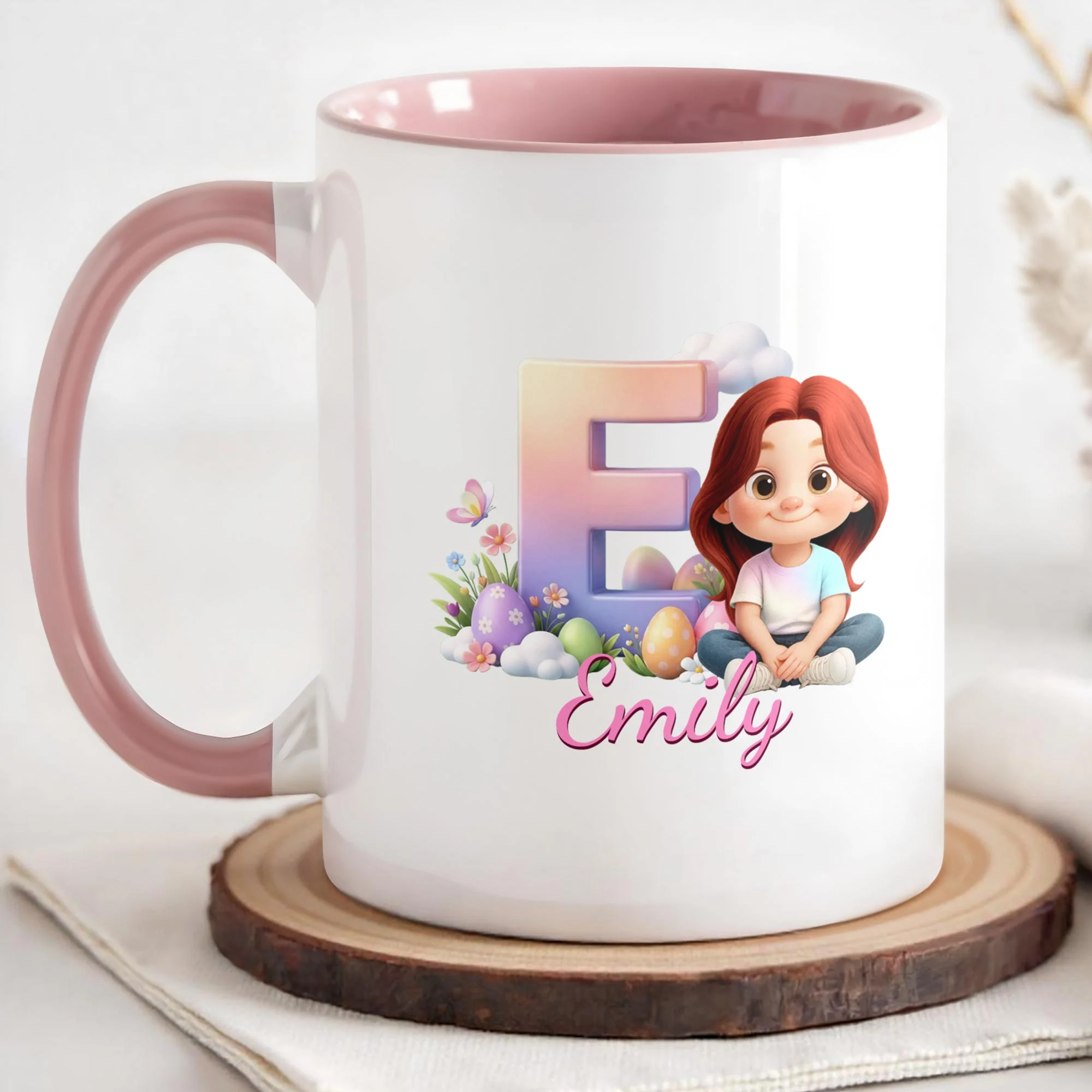 Happy Easter Day Gradient Alphabet And Cute Little Girl With Easter Eggs - Personalized Custom Accent Mug - KID607_AMUG - Image 4