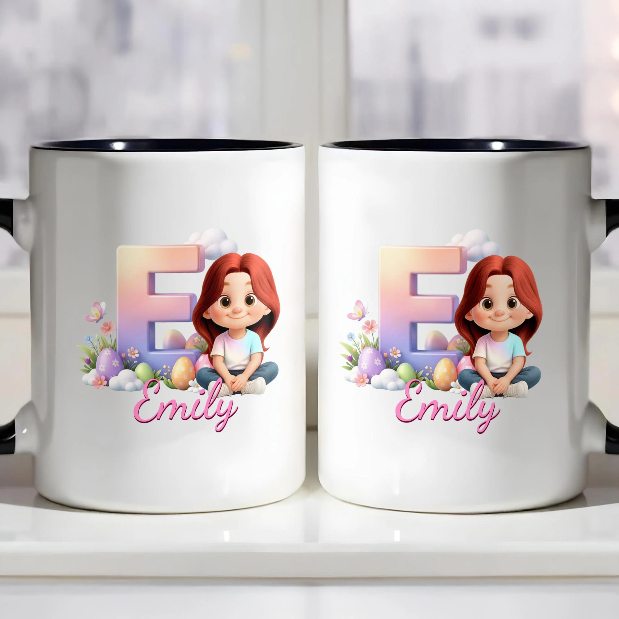 Happy Easter Day Gradient Alphabet And Cute Little Girl With Easter Eggs - Personalized Custom Accent Mug - KID607_AMUG - Image 5