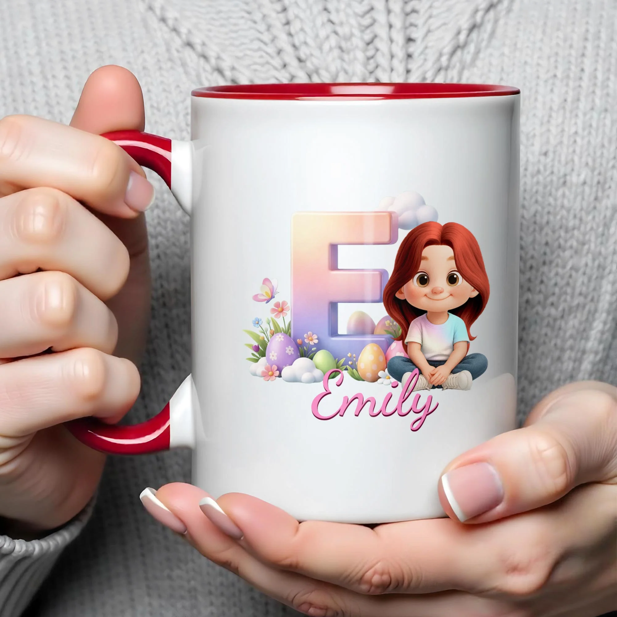 Happy Easter Day Gradient Alphabet And Cute Little Girl With Easter Eggs - Personalized Custom Accent Mug - KID607_AMUG - Image 6
